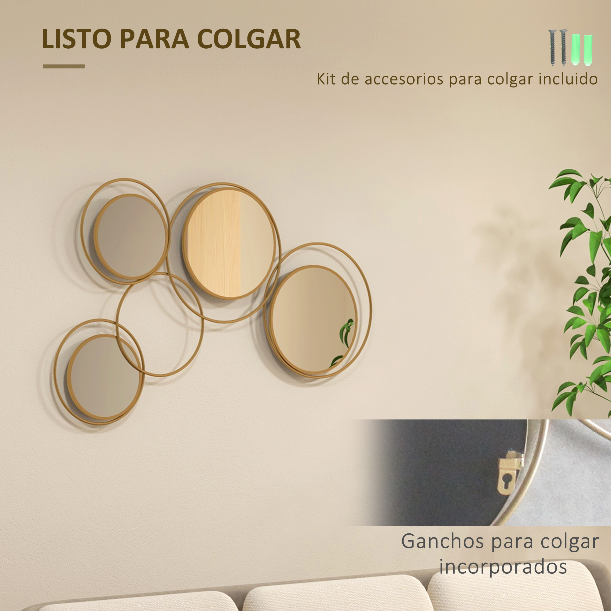 Espejo decorativo de pared con círculos dorados y detalles de madera.