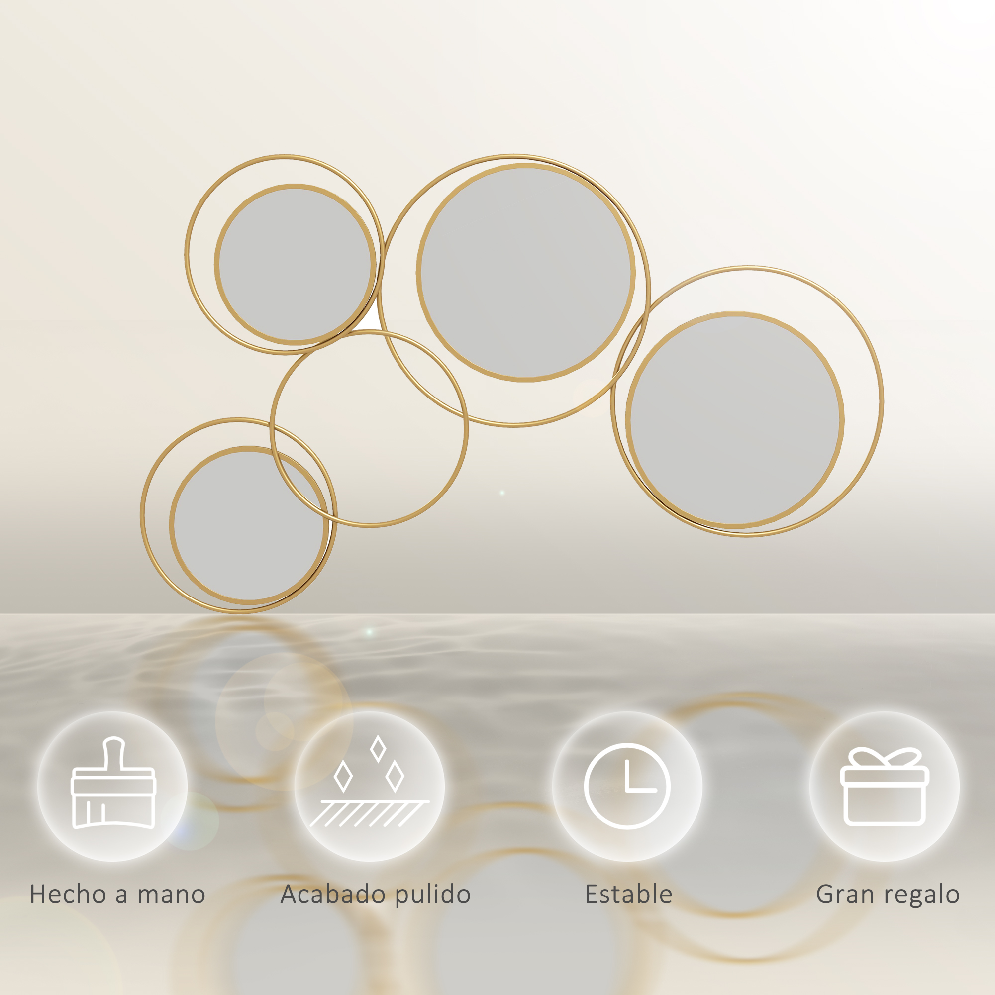 Espejo de pared redondo dorado con 5 espejos e íconos de hecho a mano, pulido, estable, regalo.