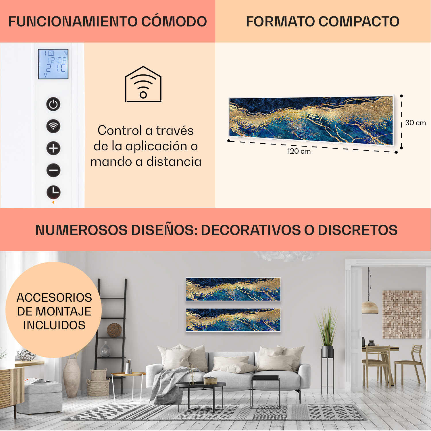 Un dispositivo climatico con telecomando e opera d'arte. Dimensioni 120x30cm.