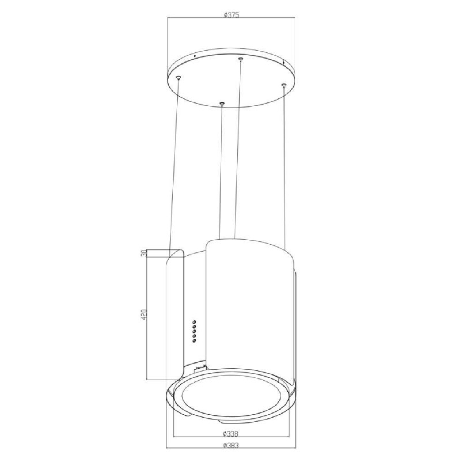 Un dibujo técnico muestra una campana extractora cilíndrica con dimensiones.