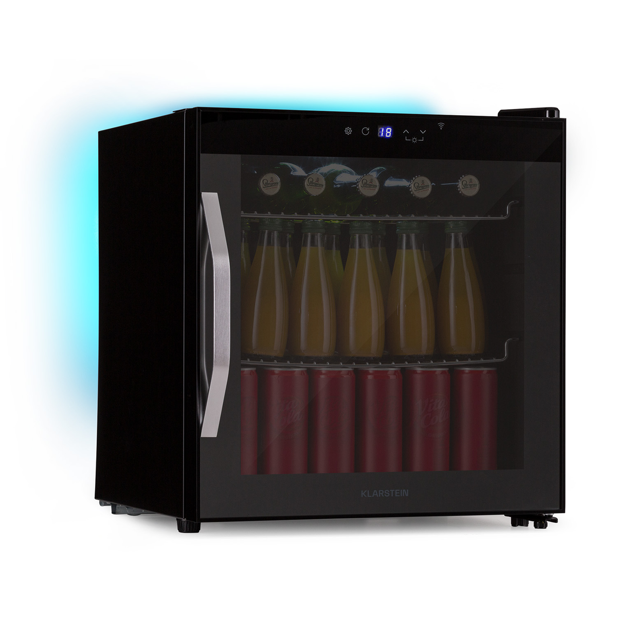 Un mini-frigo nero con porta a vetro, riempito di bottiglie e lattine.