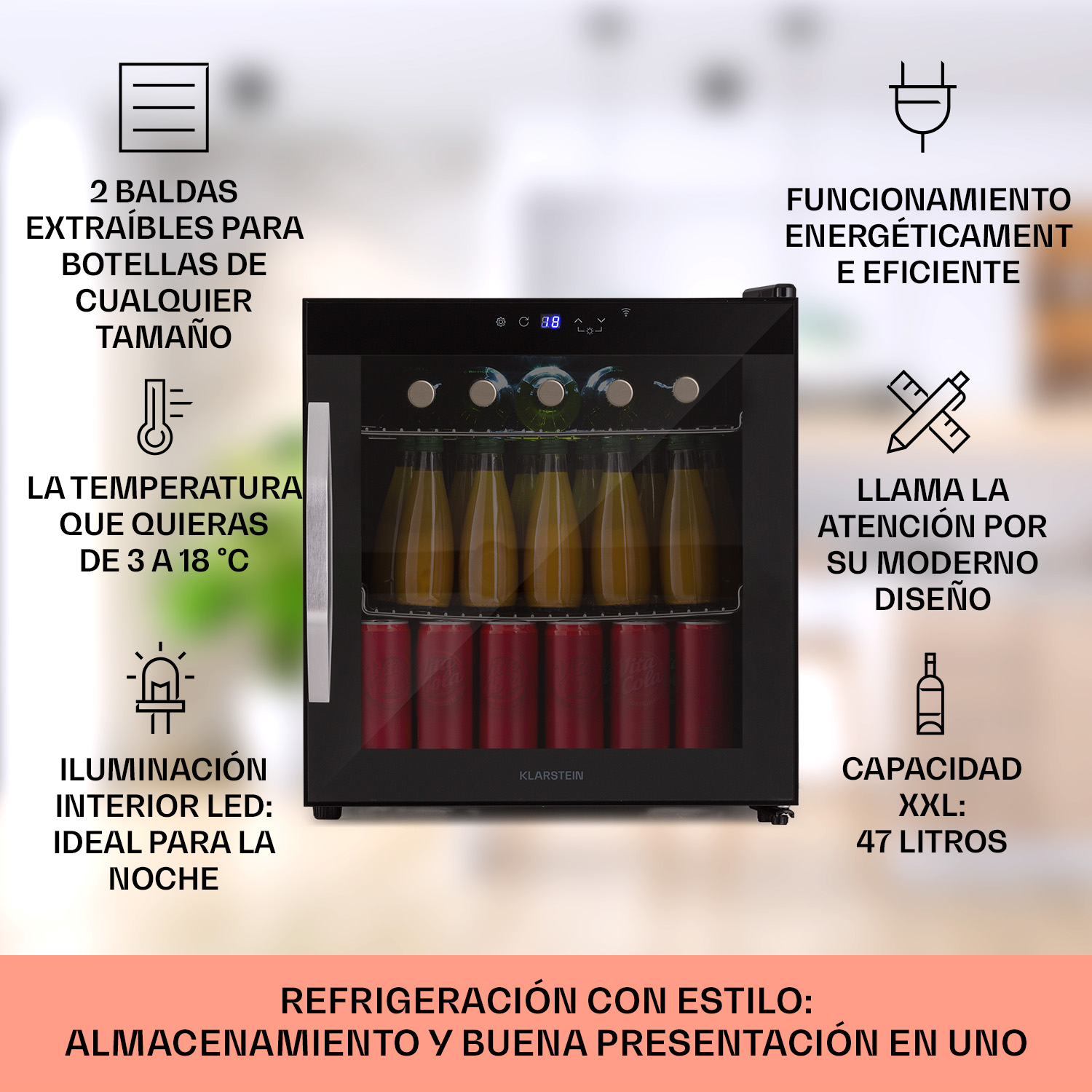 Frigorifero Klarstein 47L, porta in vetro, luce LED, ripiani regolabili, controllo temperatura.