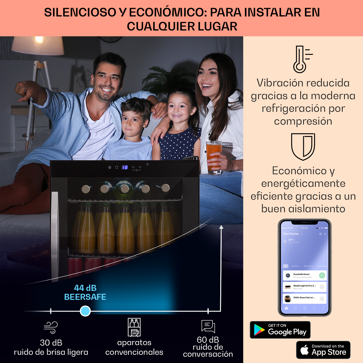 Una famiglia guarda la TV, con un frigorifero per bevande e un'app sul telefono.