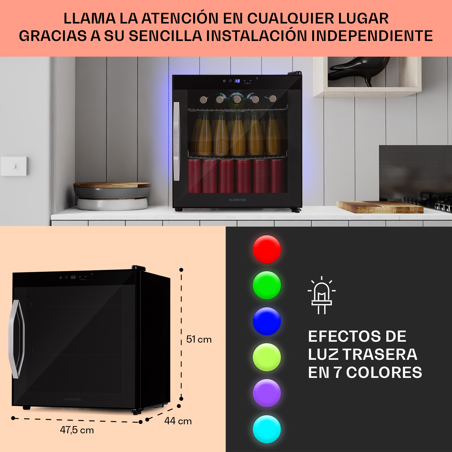 Un frigorifero nero con anta in vetro, pieno di bottiglie e lattine.