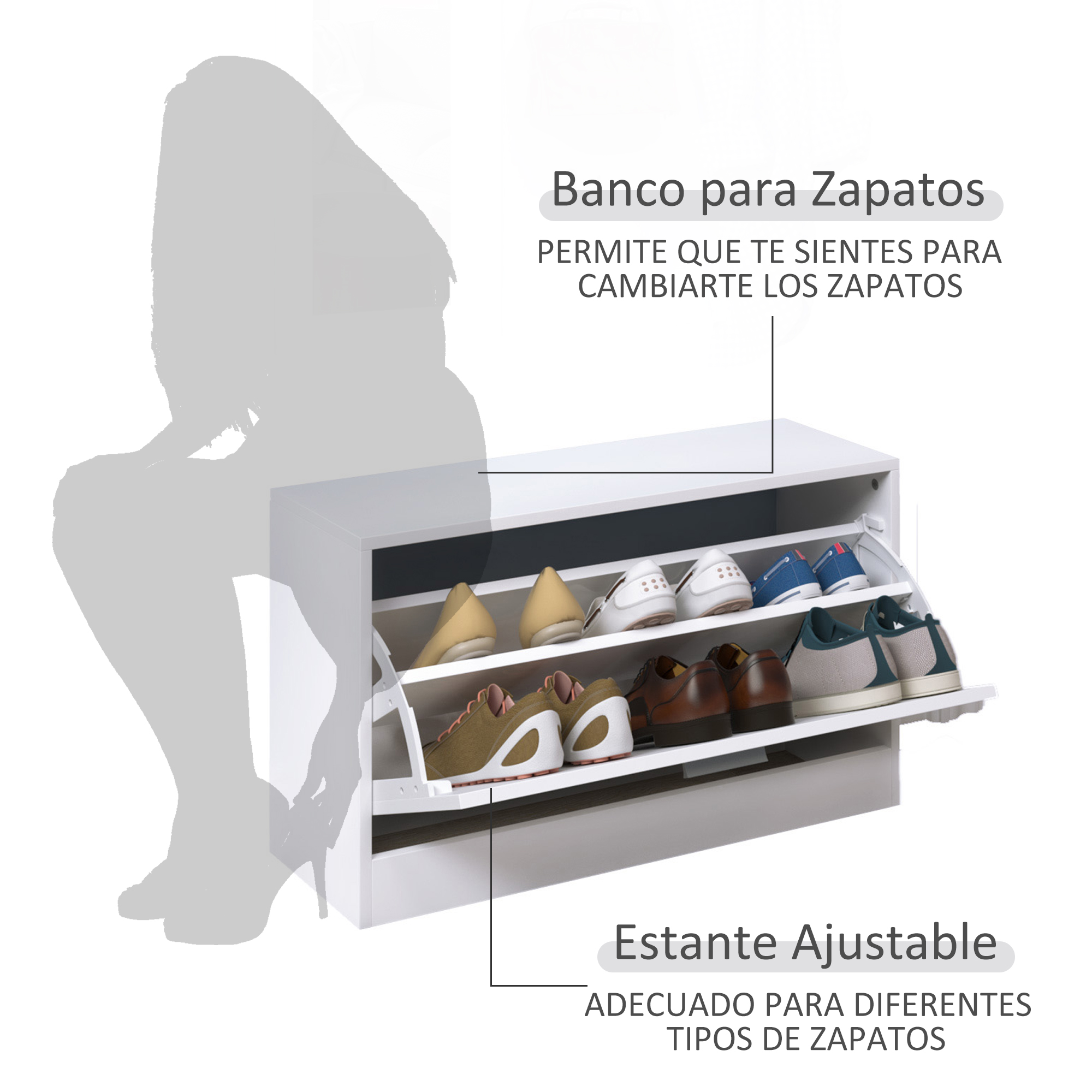 Silueta gris de mujer cambiando zapatos en mueble blanco.