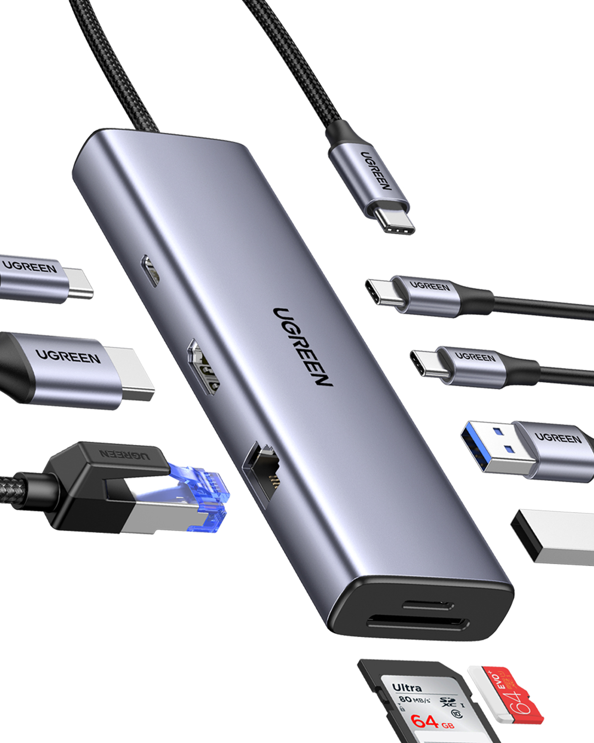 Szara stacja dokująca UGREEN USB-C z różnymi portami i kablami.