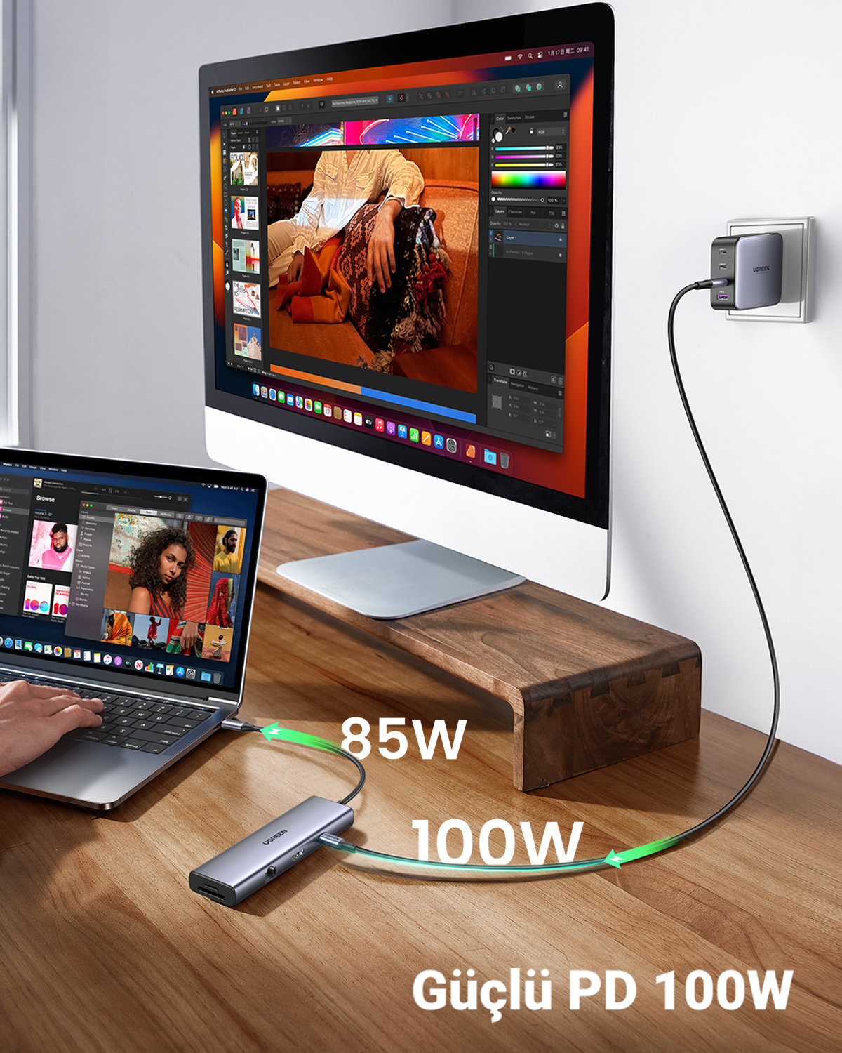 Zestaw laptopa i komputera stacjonarnego z hubem UGREEN, pokazujący ładowanie PD 85W i 100W.