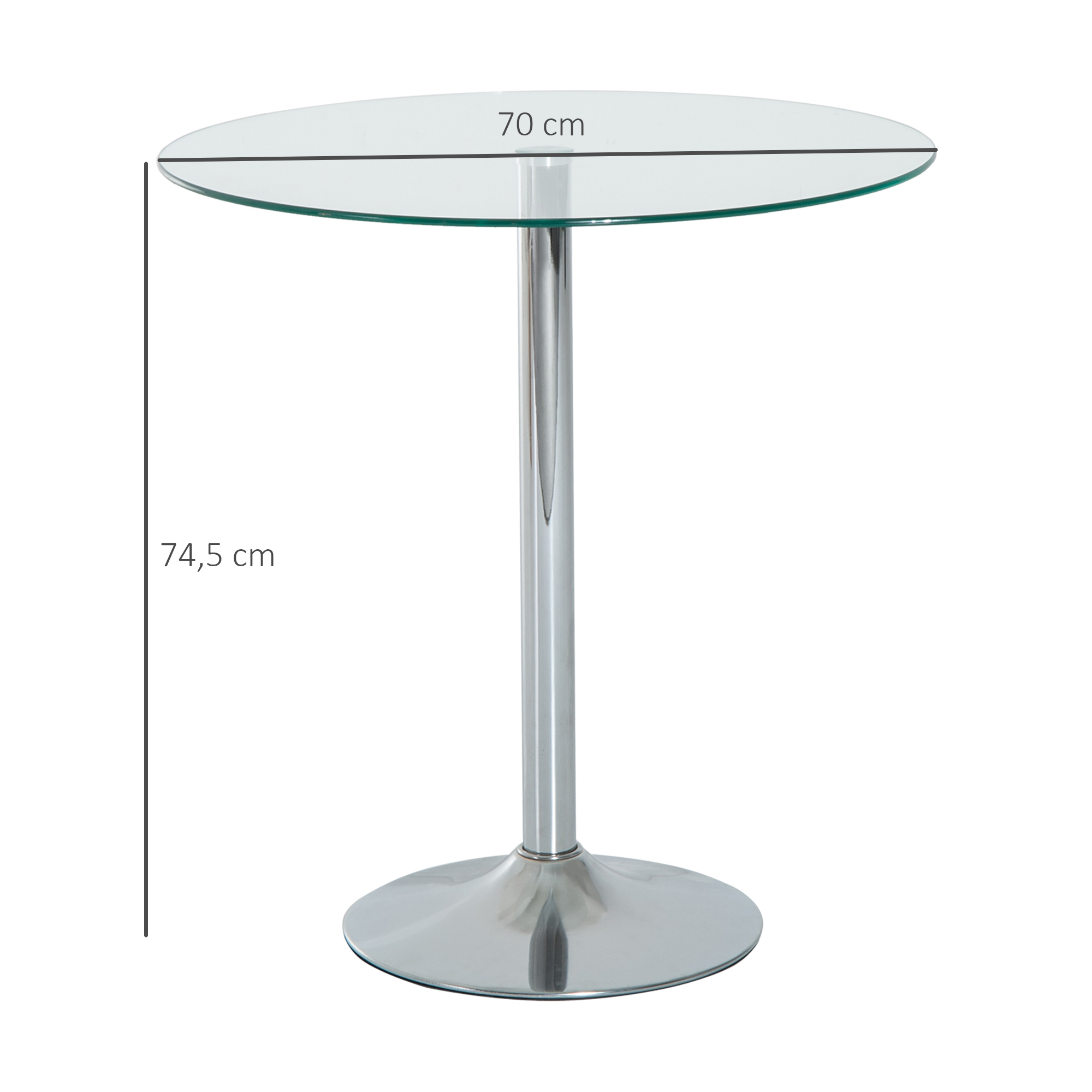 Una mesa redonda de cristal con base cromada. Dimensiones: 70 cm diámetro, 74,5 cm altura.
