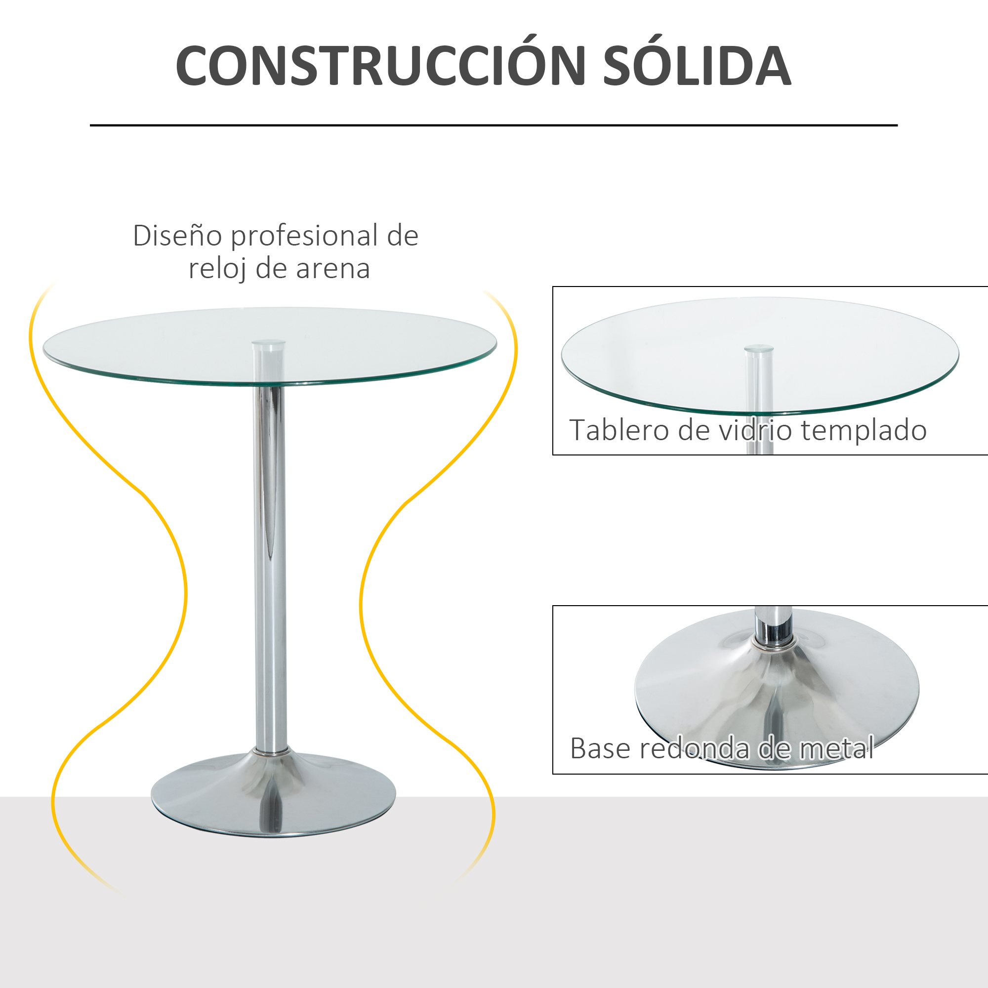 Mesa redonda de cristal con base de metal. Líneas limpias y estética moderna.