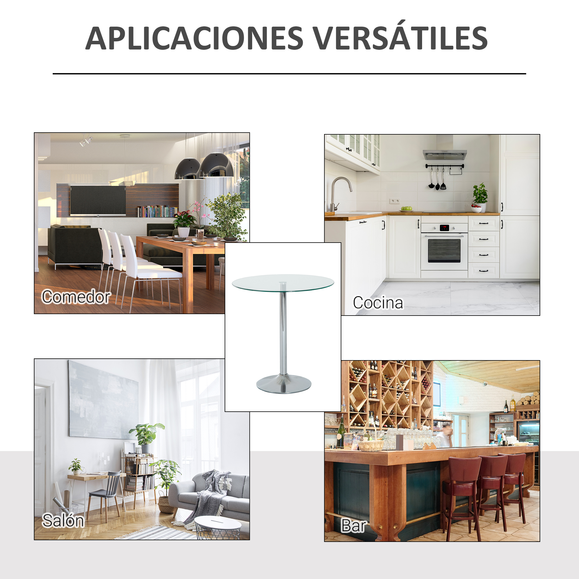 Moderna zona de comedor con mesa de madera, sillas blancas, junto a una cocina con gabinetes blancos.