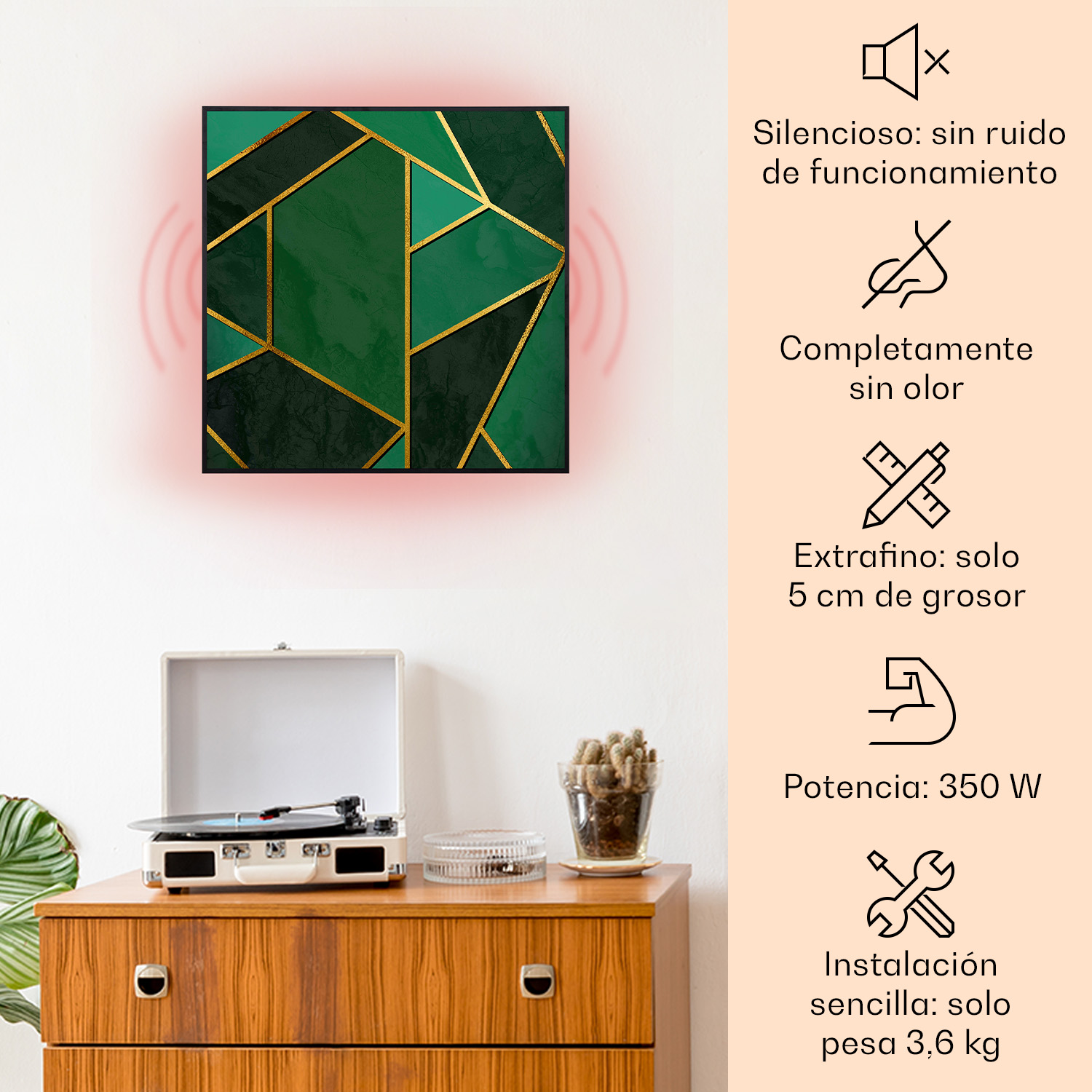 Arte da parete verde con linee dorate sopra un giradischi.