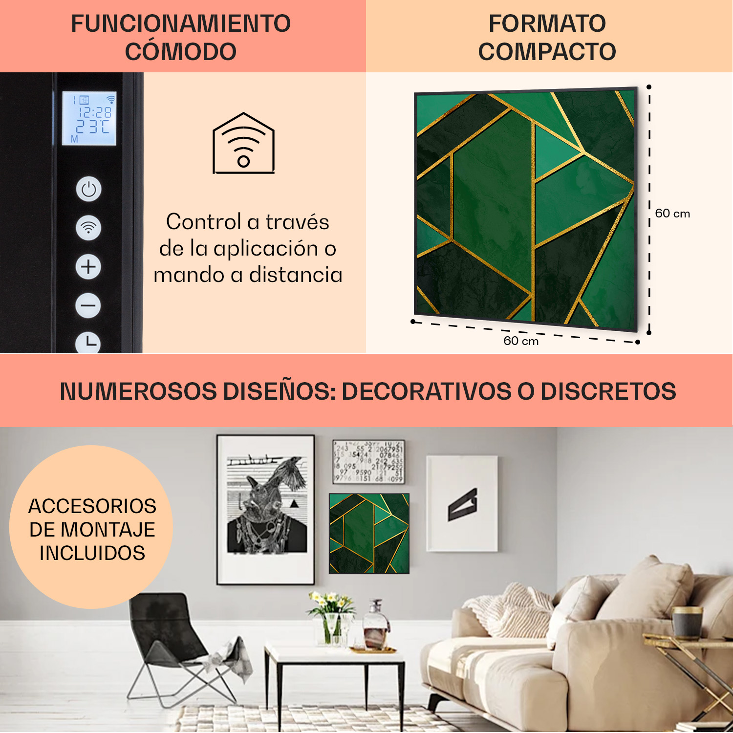 Un riscaldatore con controlli, una tela d'arte verde e un soggiorno.