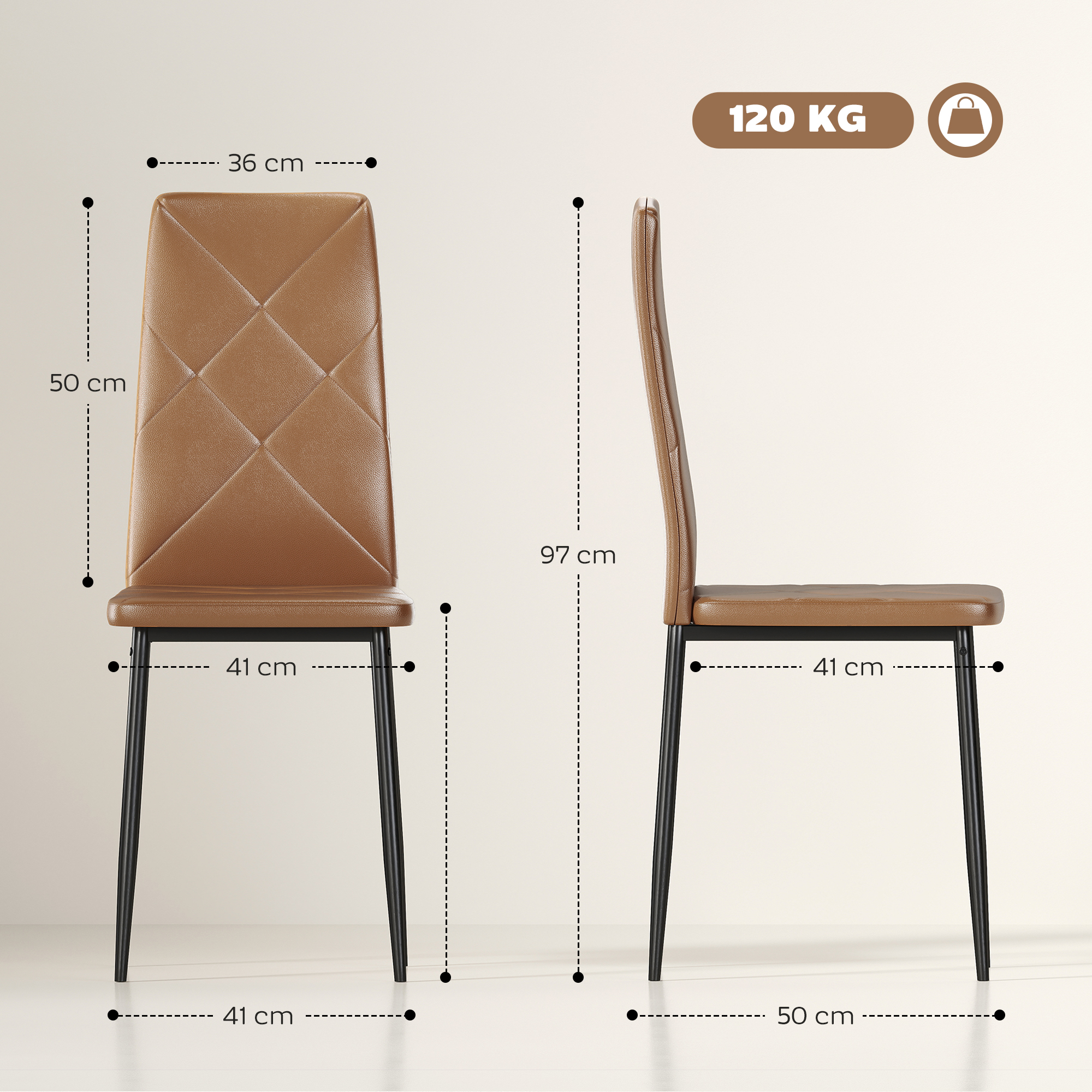 Sedia marrone con cuciture a rombi e gambe nere, dimensioni indicate.