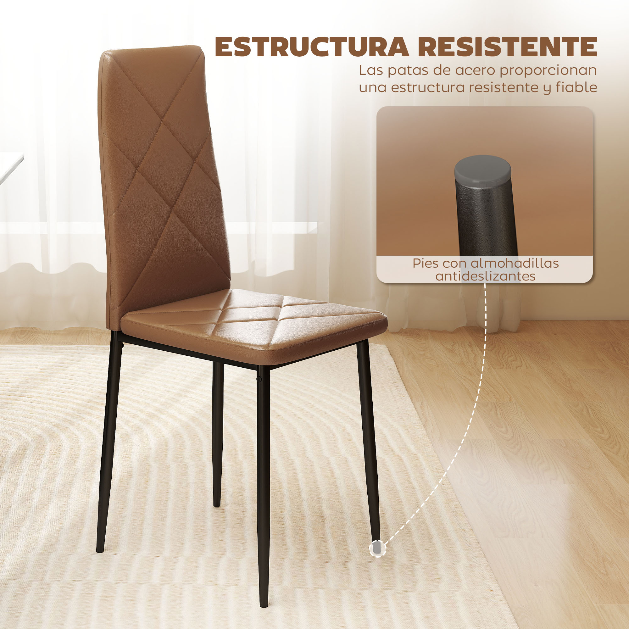 Una silla marrón con asiento y respaldo acolchados, sobre patas de metal negro.