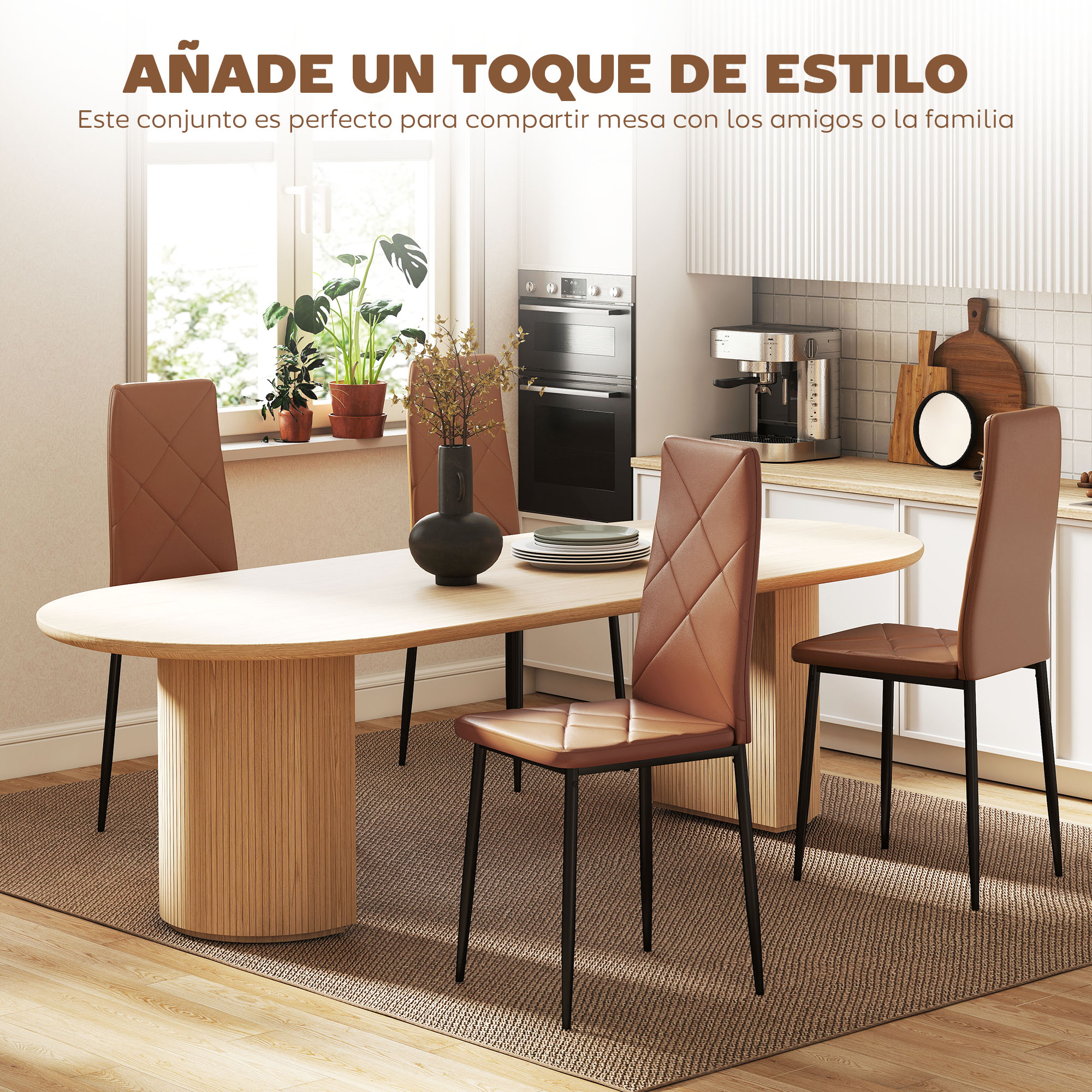 Un juego de comedor moderno con cuatro sillas marrones y una mesa ovalada de madera en una cocina luminosa.