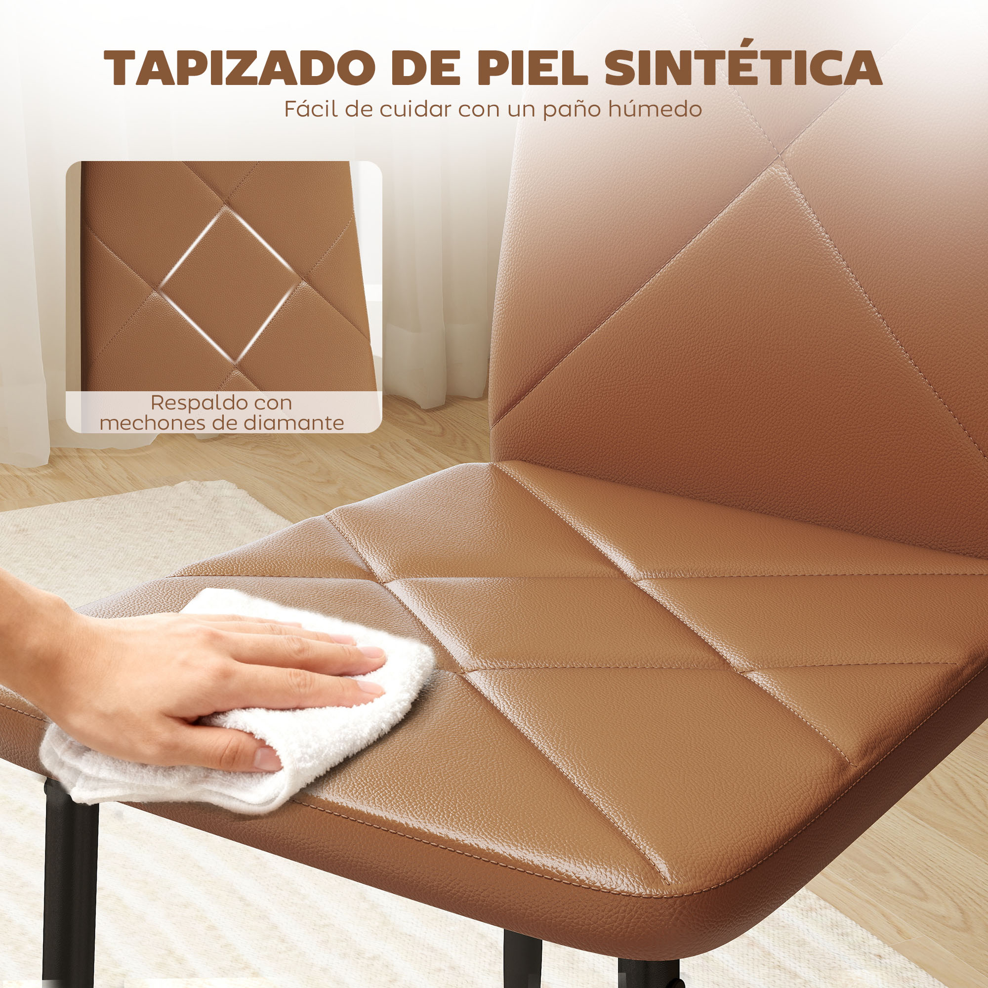 Una mano limpia una silla de cuero sintético marrón con pespuntes de diamante con un paño.