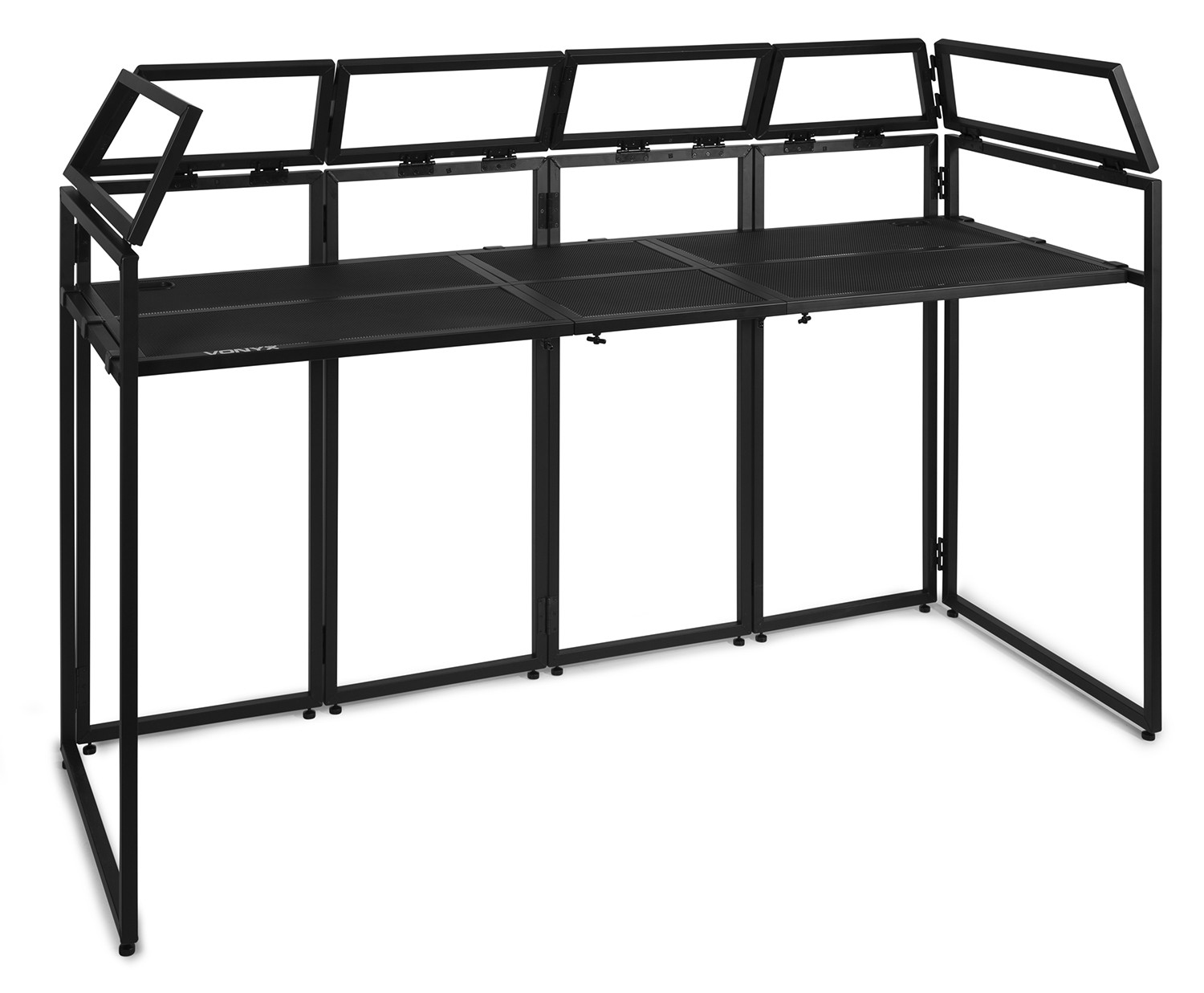 Un escritorio negro con soporte para monitor y varias pantallas.