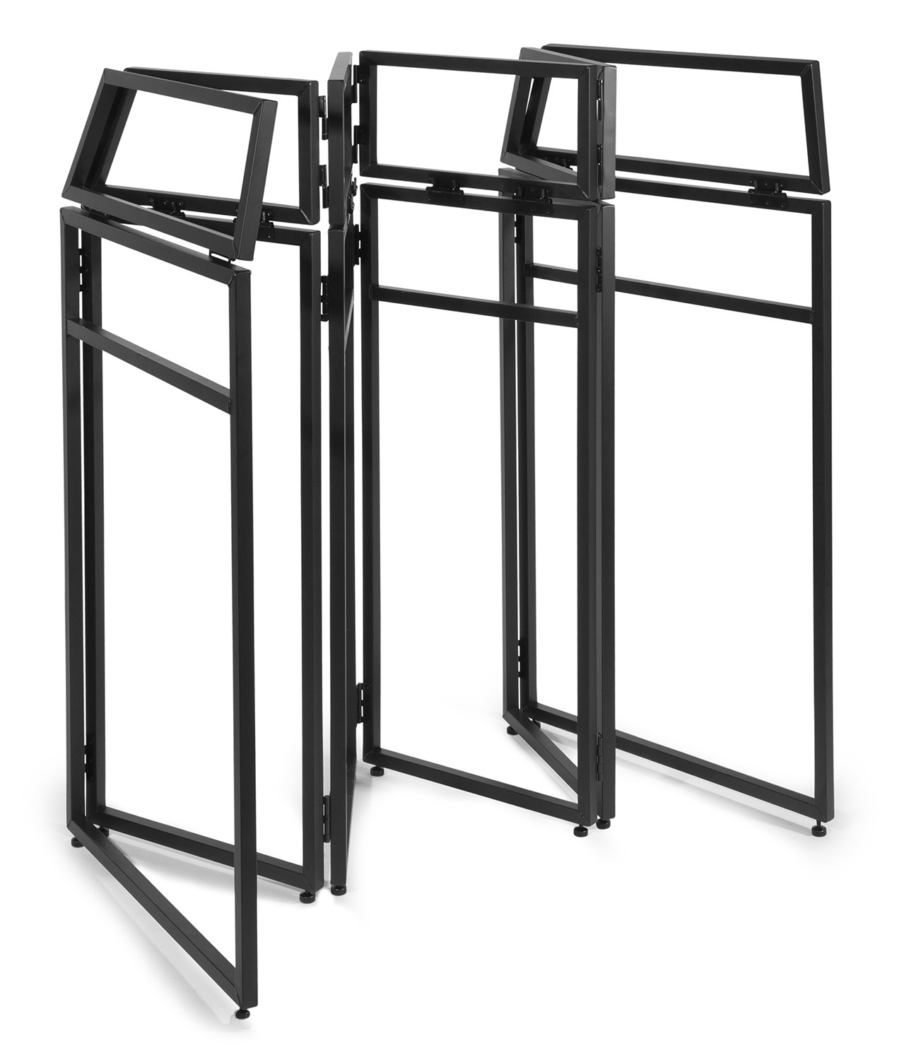 Divisor de ambientes de metal negro con tres secciones plegables y marcos rectangulares.