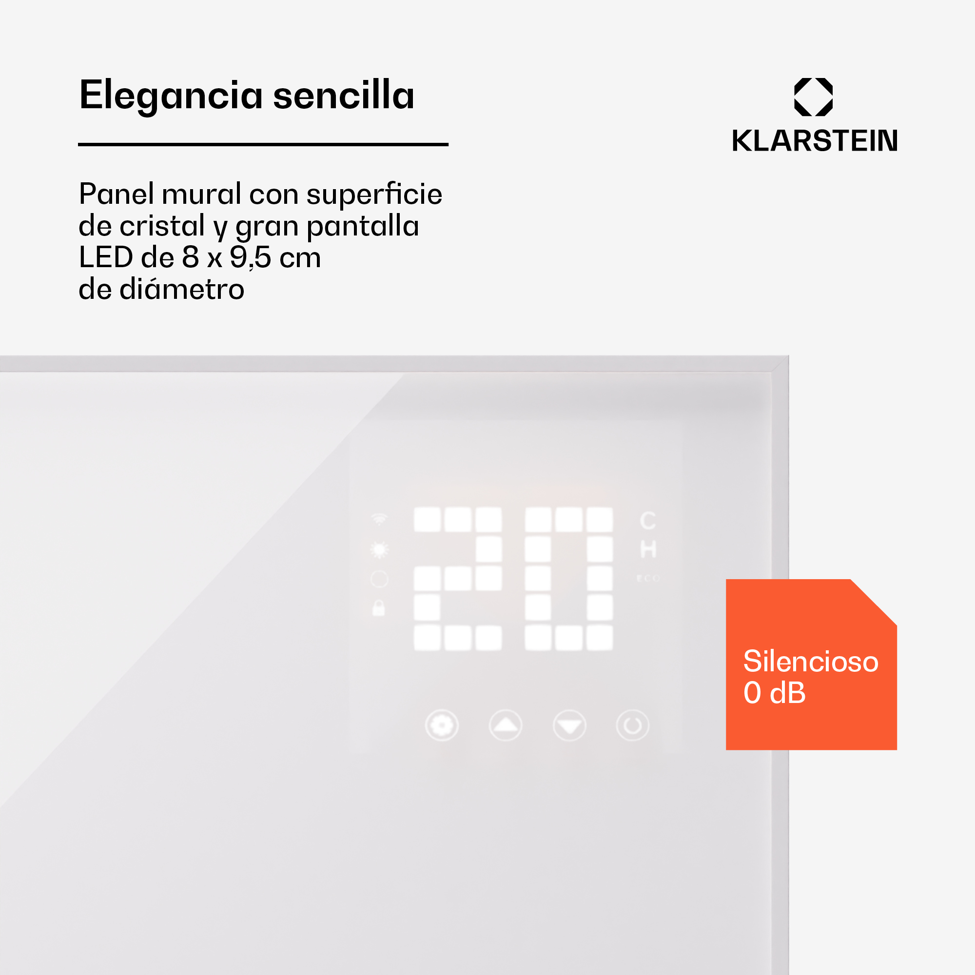 Pannello murale bianco con display LED e logo Klarstein. Silenzioso 0 dB.