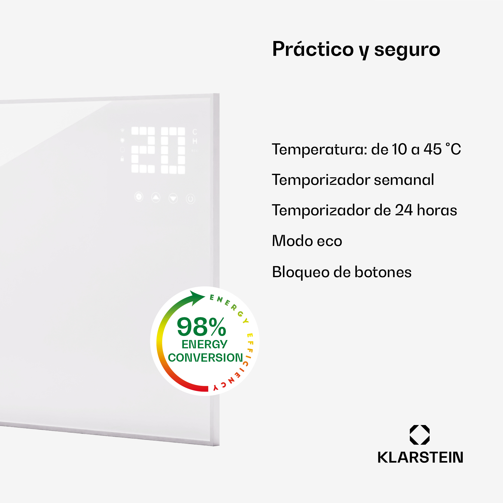 Un riscaldatore bianco con display digitale ed etichetta di efficienza energetica.