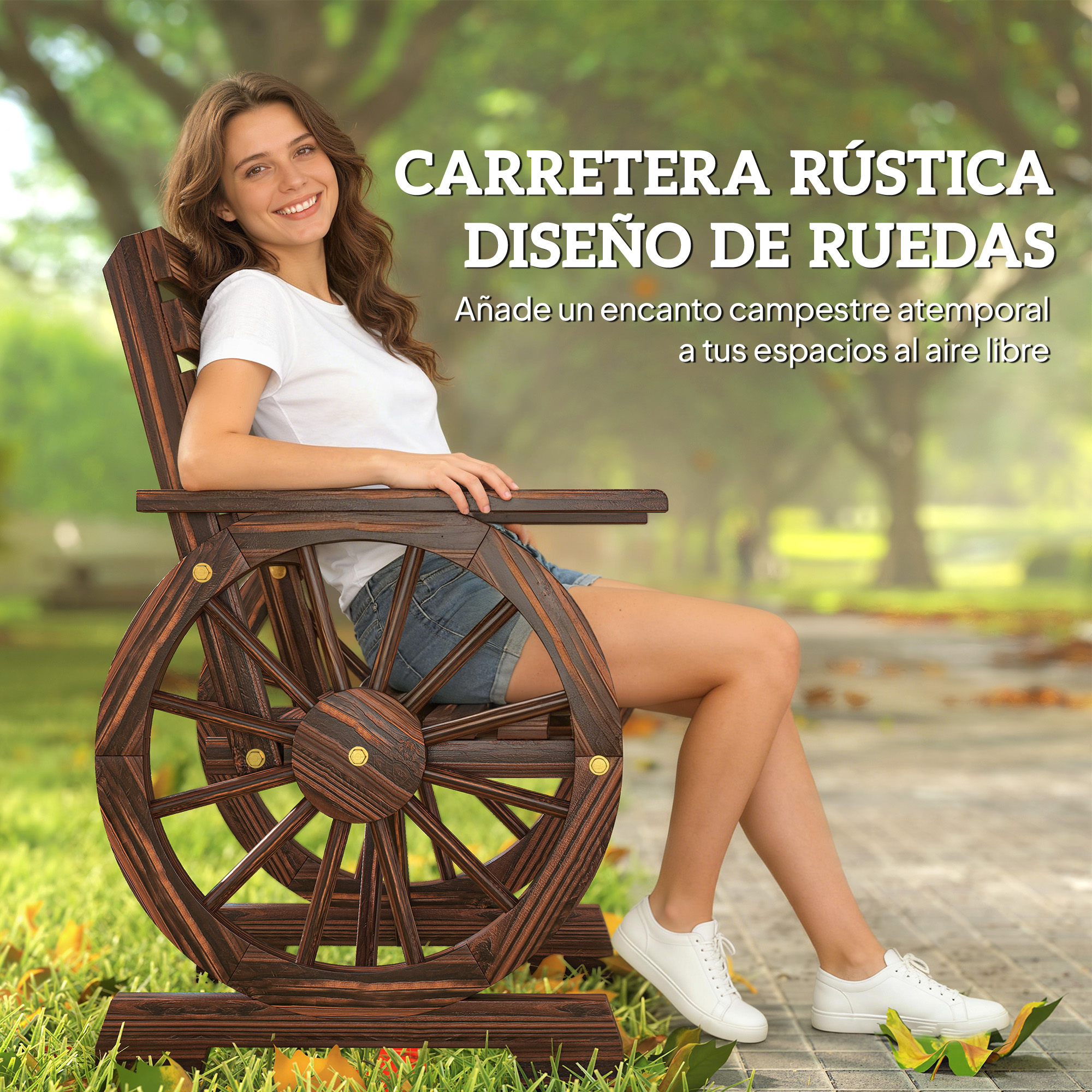 Mujer sentada en silla de madera marrón con diseño de rueda al aire libre.