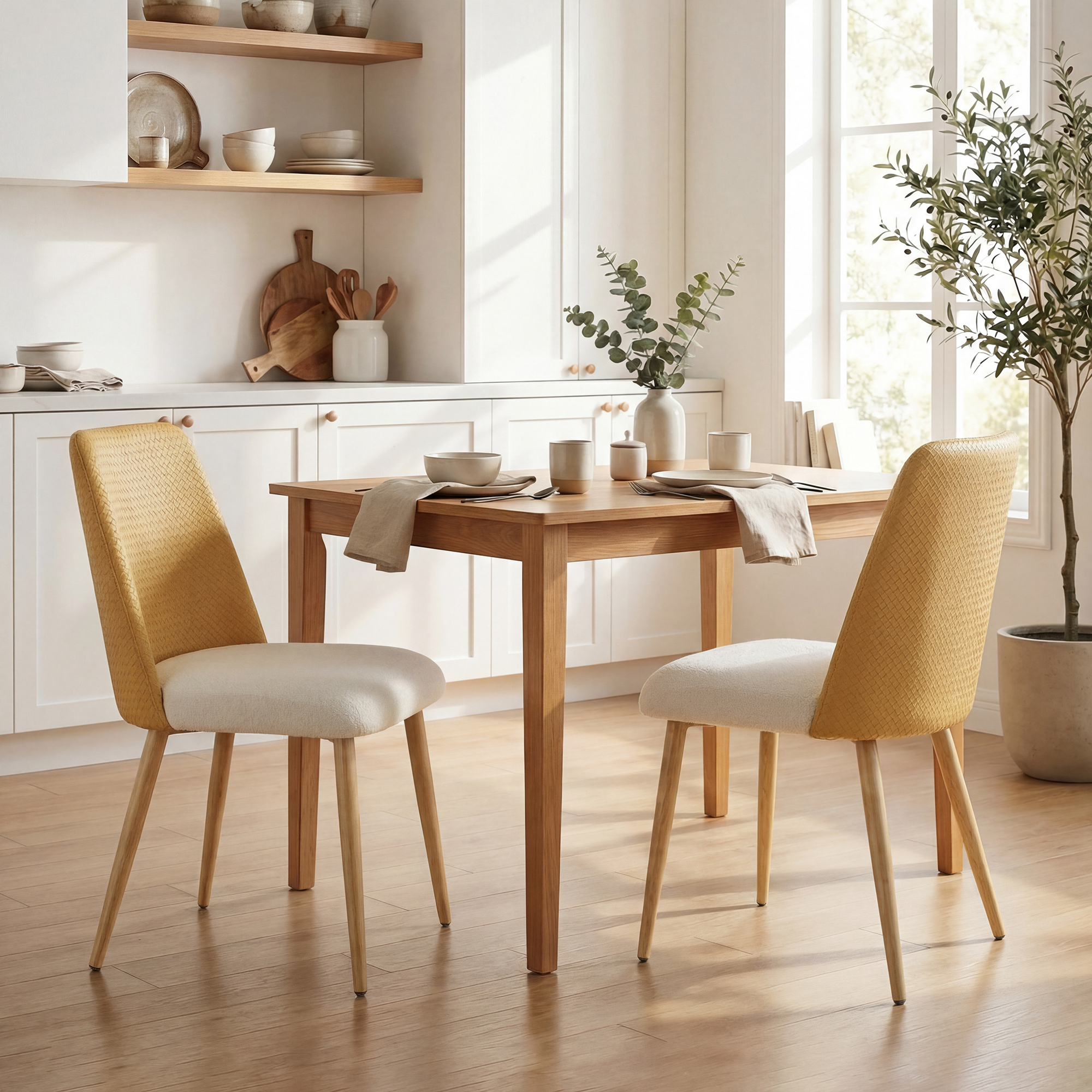 Una mesa de madera con dos sillas en una cocina luminosa con estantes y ventana.