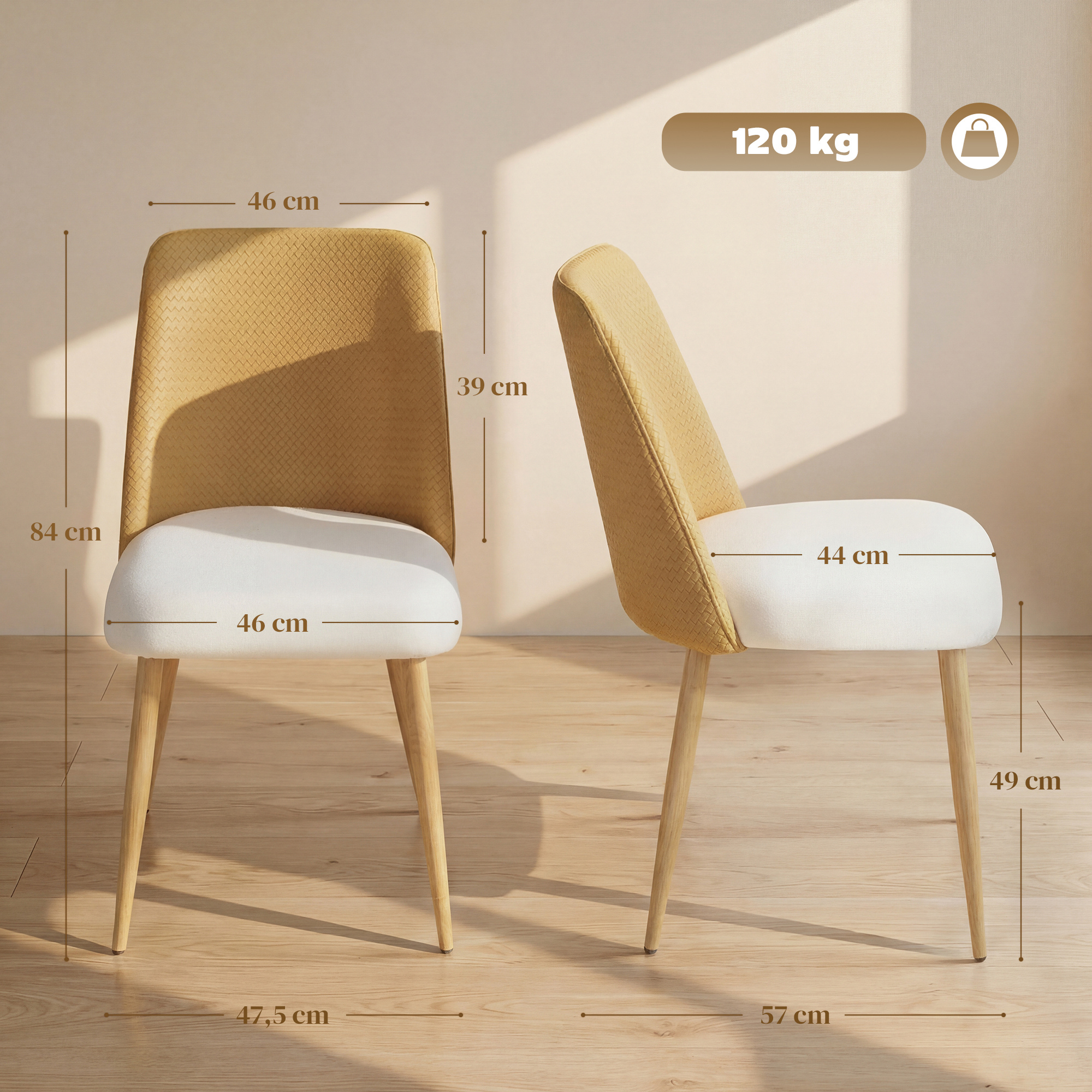 Una silla amarilla con asiento blanco, se muestran las dimensiones. Carga máxima 120 kg.
