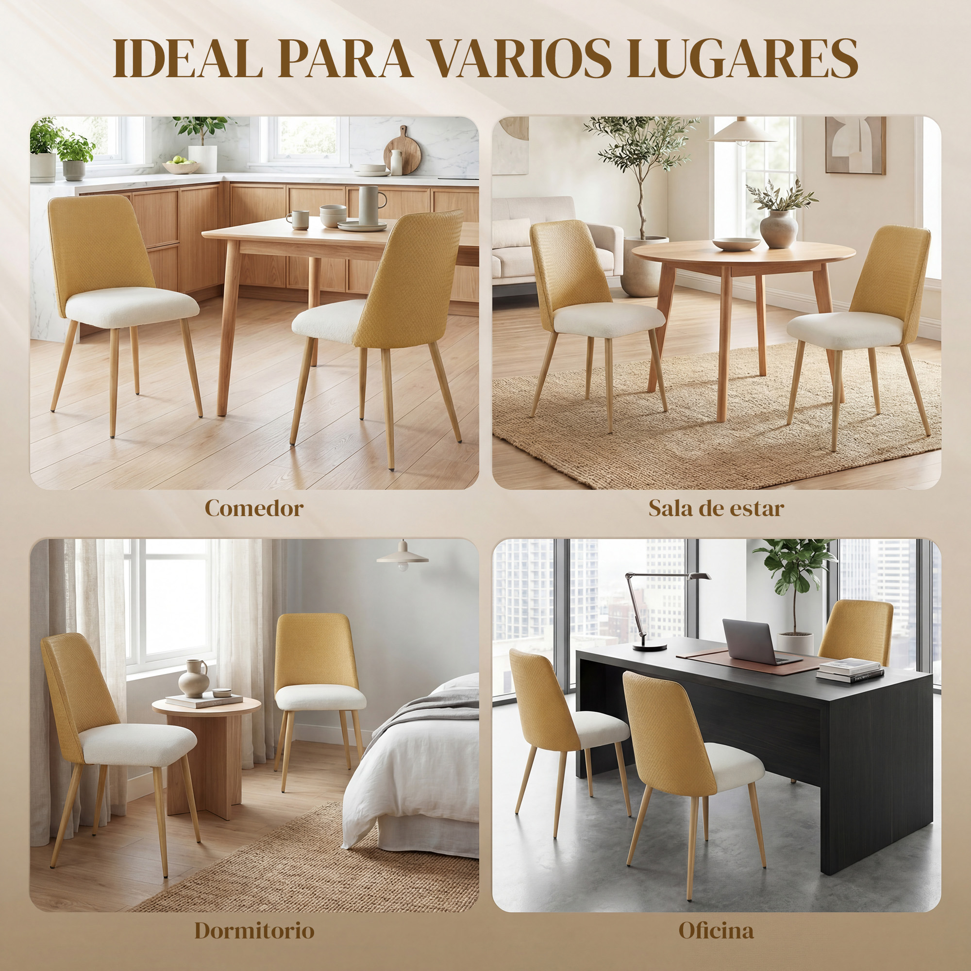 Cuatro escenas muestran sillas amarillas en comedor, sala, dormitorio y oficina.