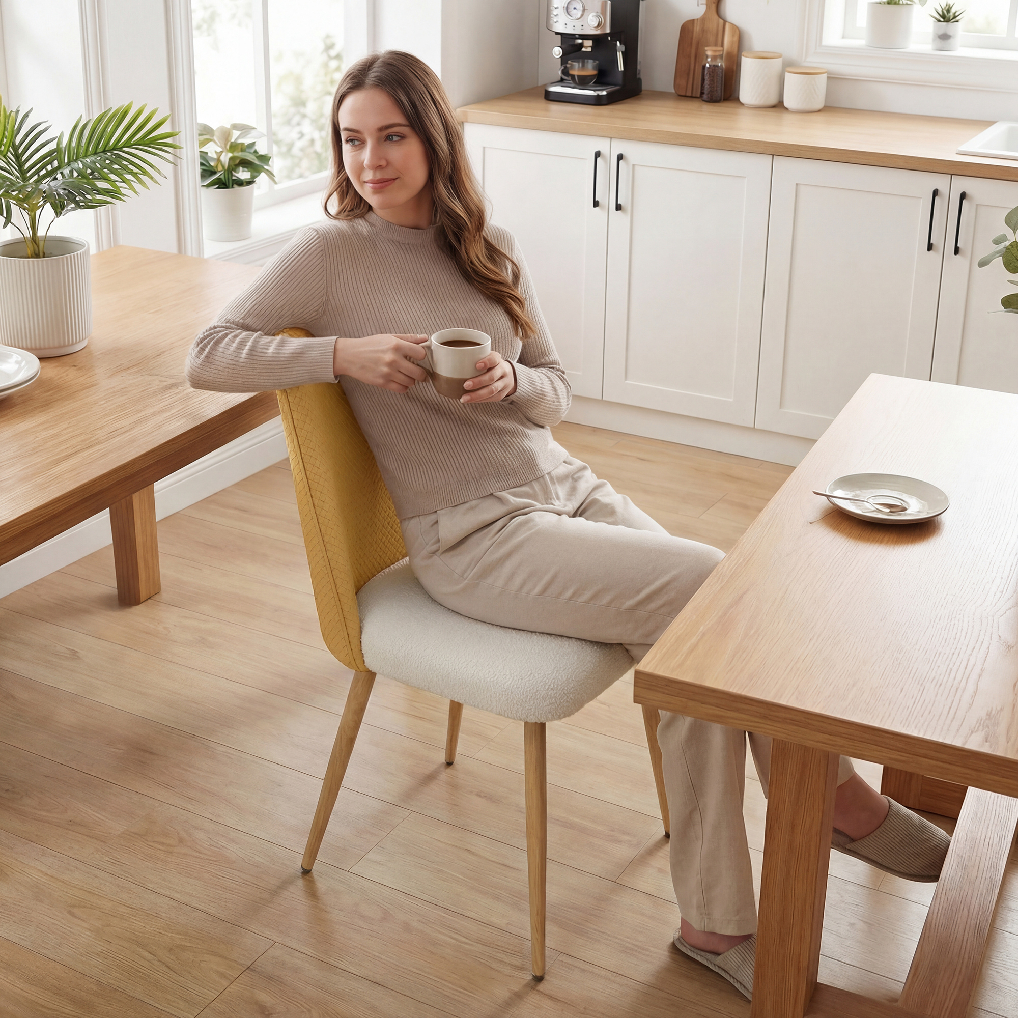Mujer sentada a la mesa con café, mesa de comedor y cocina cerca.