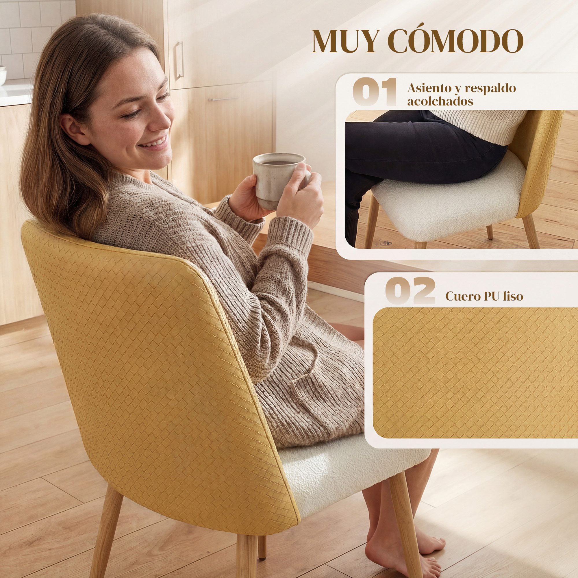 Mujer sentada en silla amarilla con asiento blanco. Vista detallada del asiento y respaldo.