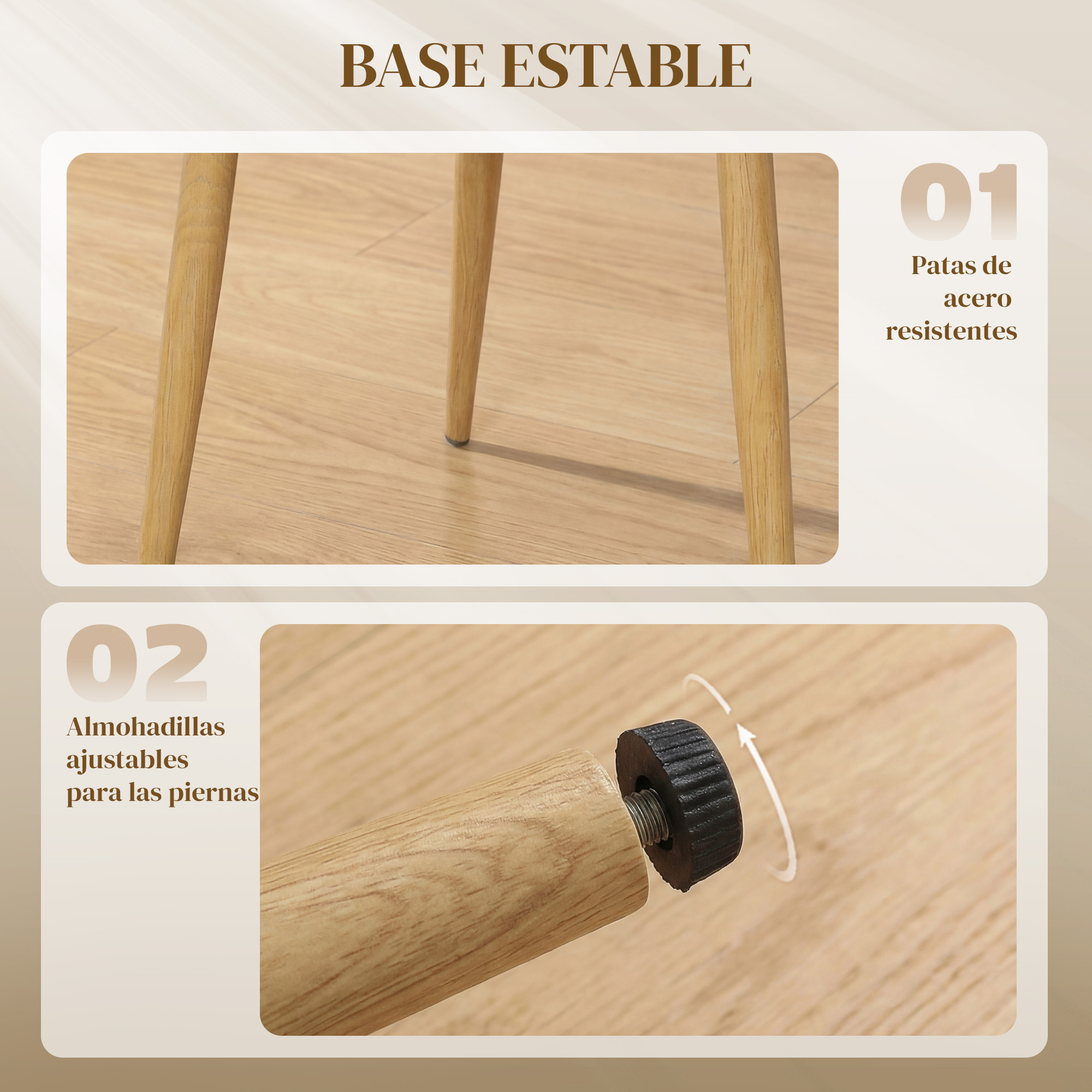 Primer plano de patas de madera con pies de rosca, dos secciones que muestran base estable y almohadillas.