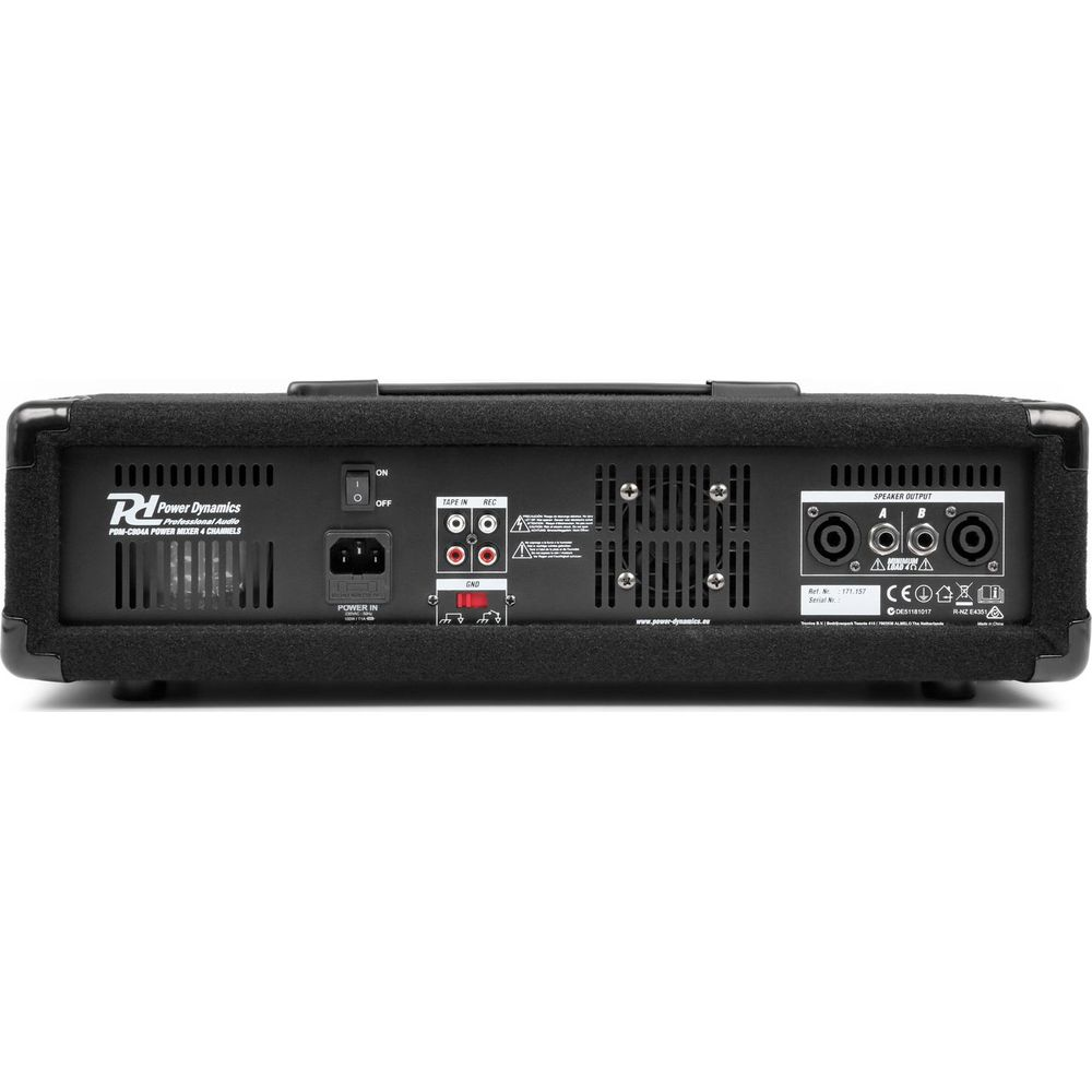 Panel trasero de un mezclador de audio negro con entradas, salidas y interruptor.
