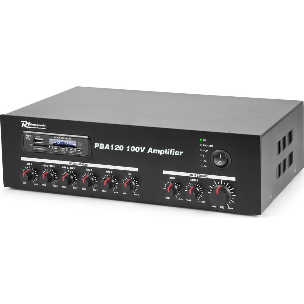 Amplificador negro con perillas para volumen, graves, agudos y entradas de micro.