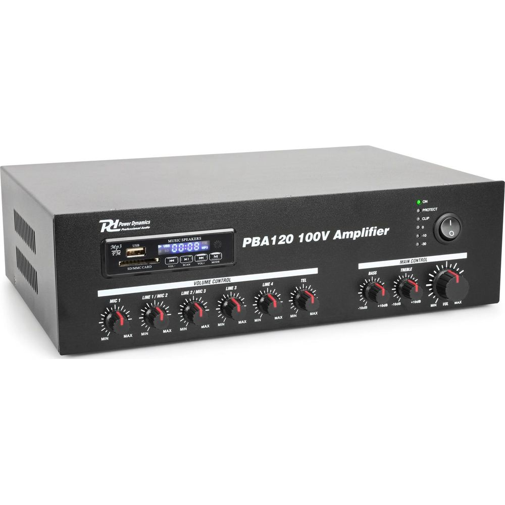 Amplificador negro con perillas, botones y pantalla para reproducción de música.