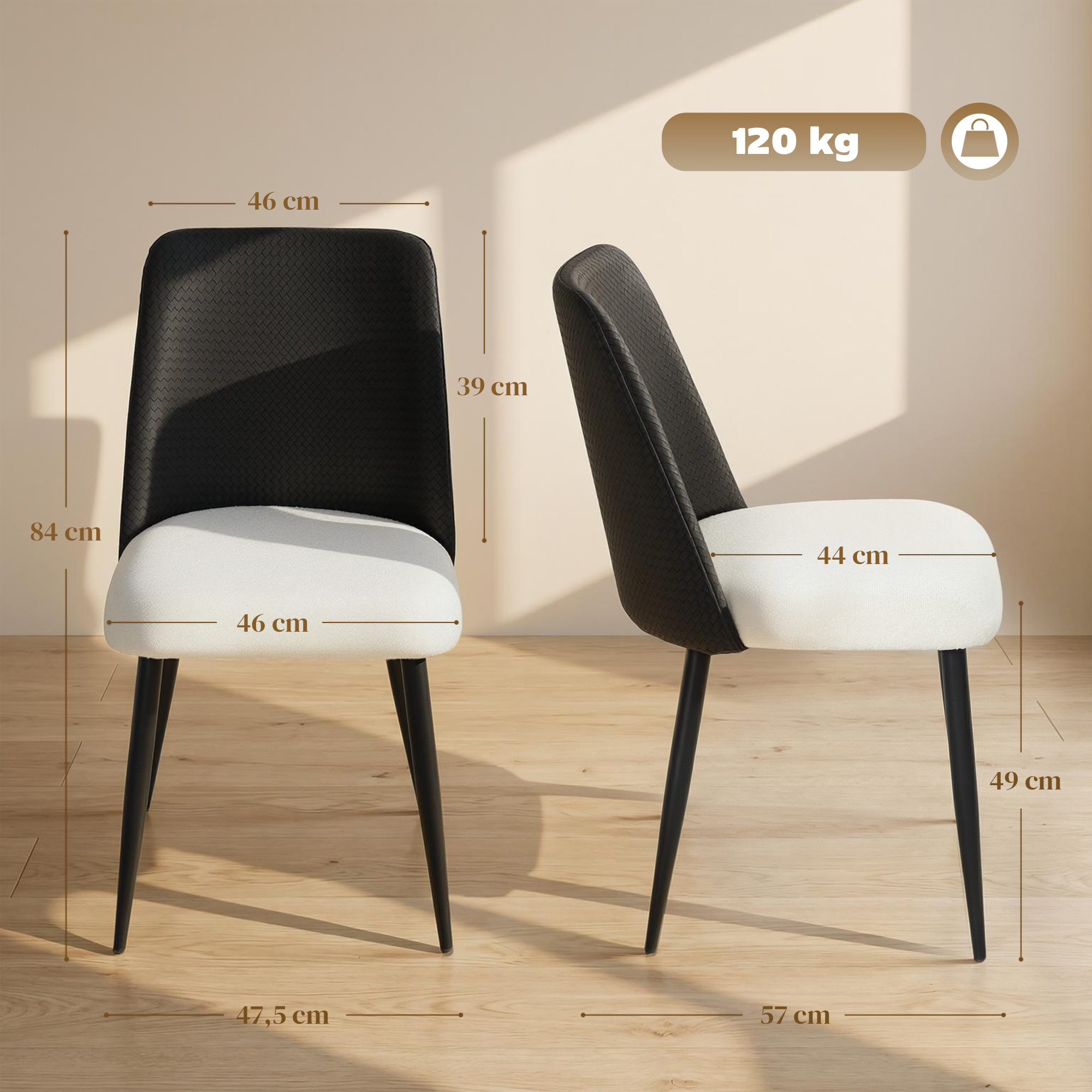 Dos sillas con respaldos negros y asientos blancos sobre suelo de madera.