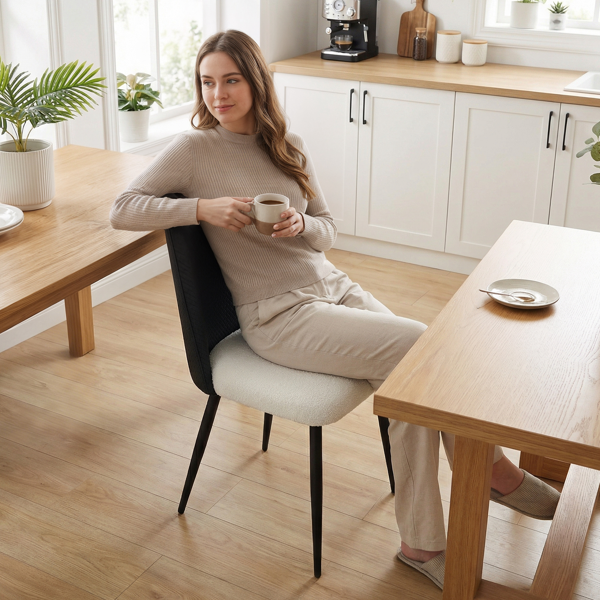 Una mujer se sienta a la mesa bebiendo café en una habitación luminosa con plantas y armarios blancos.