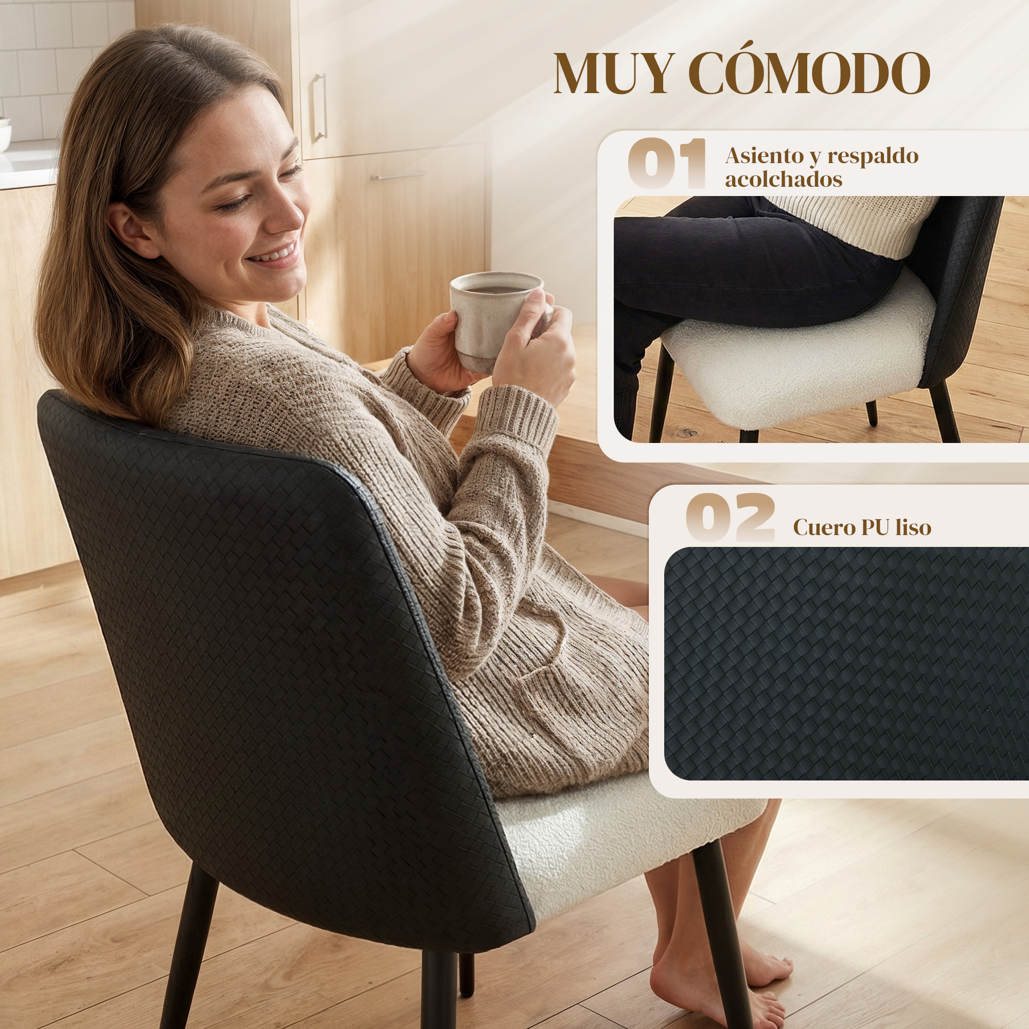 Mujer sentada en silla con asiento blanco y respaldo negro, sosteniendo una taza.