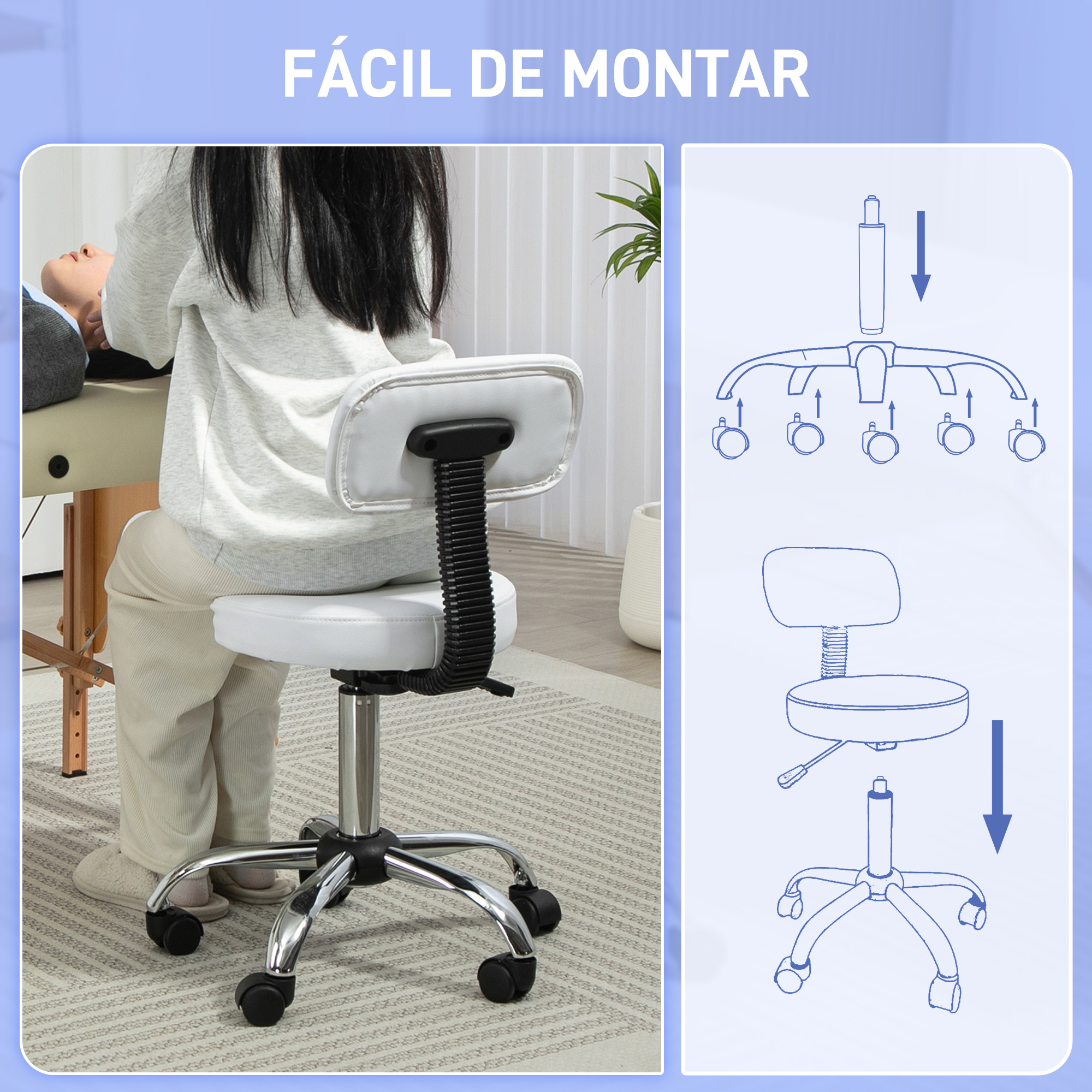 Una mujer sentada en un taburete blanco con ruedas. A la derecha, instrucciones de montaje.