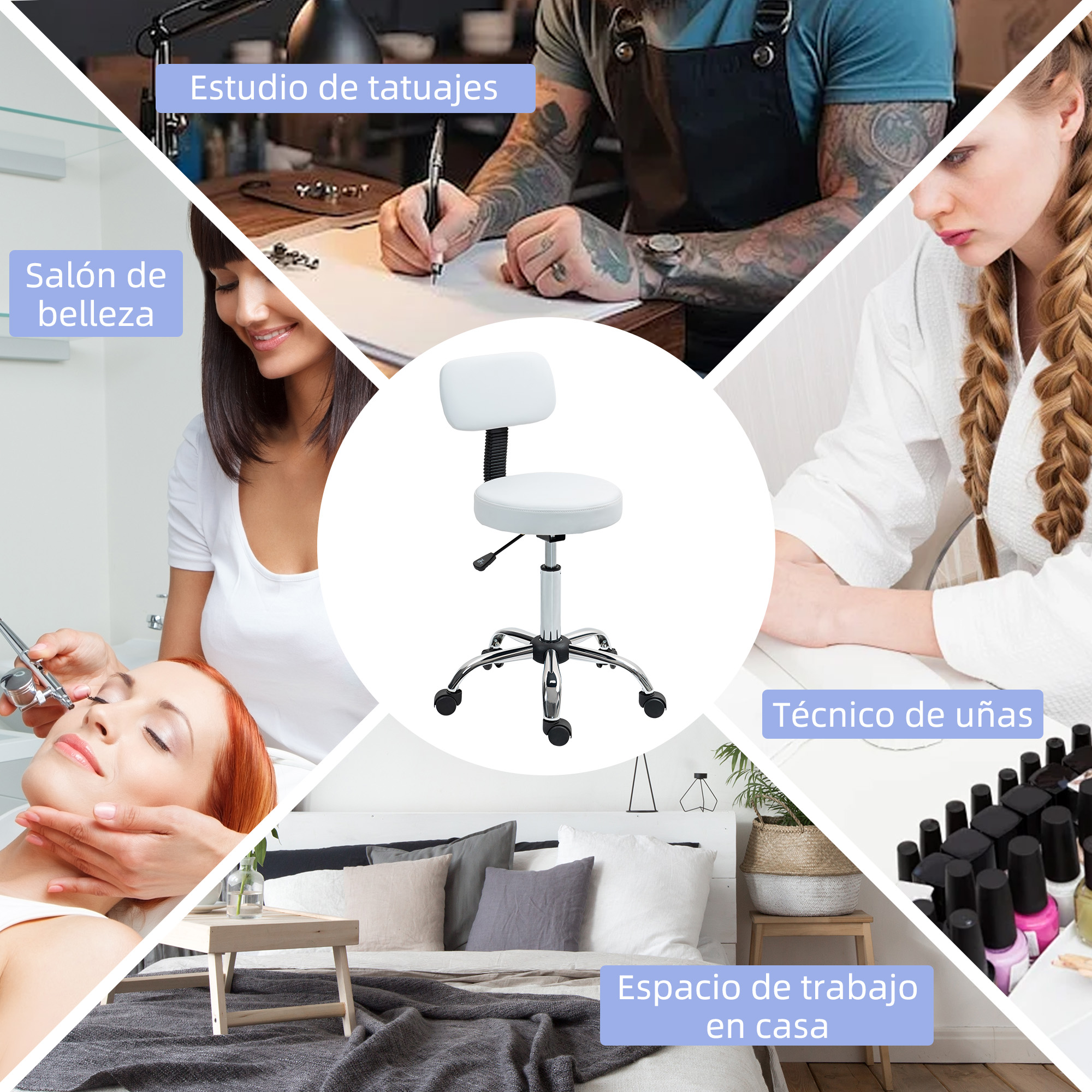 Collage con estudio de tatuajes, salón de belleza, técnica de uñas y espacio de trabajo.