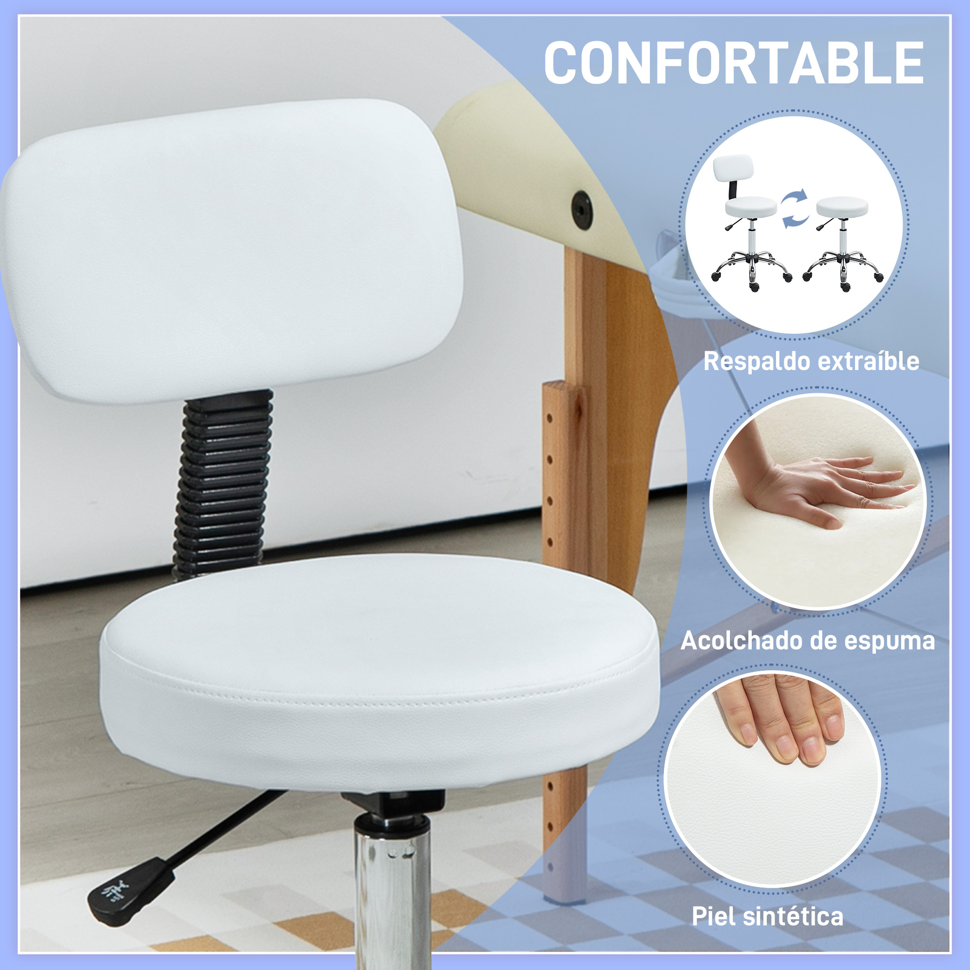 Una silla blanca con respaldo extraíble y acolchado de espuma.