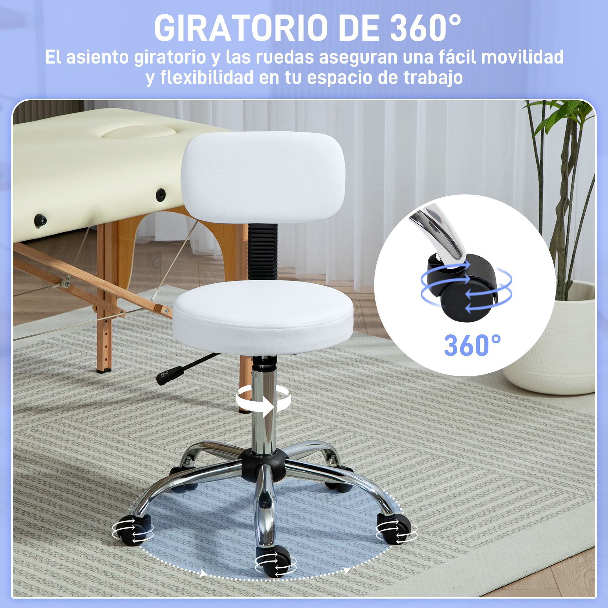 Una silla de oficina blanca con ruedas junto a una camilla.