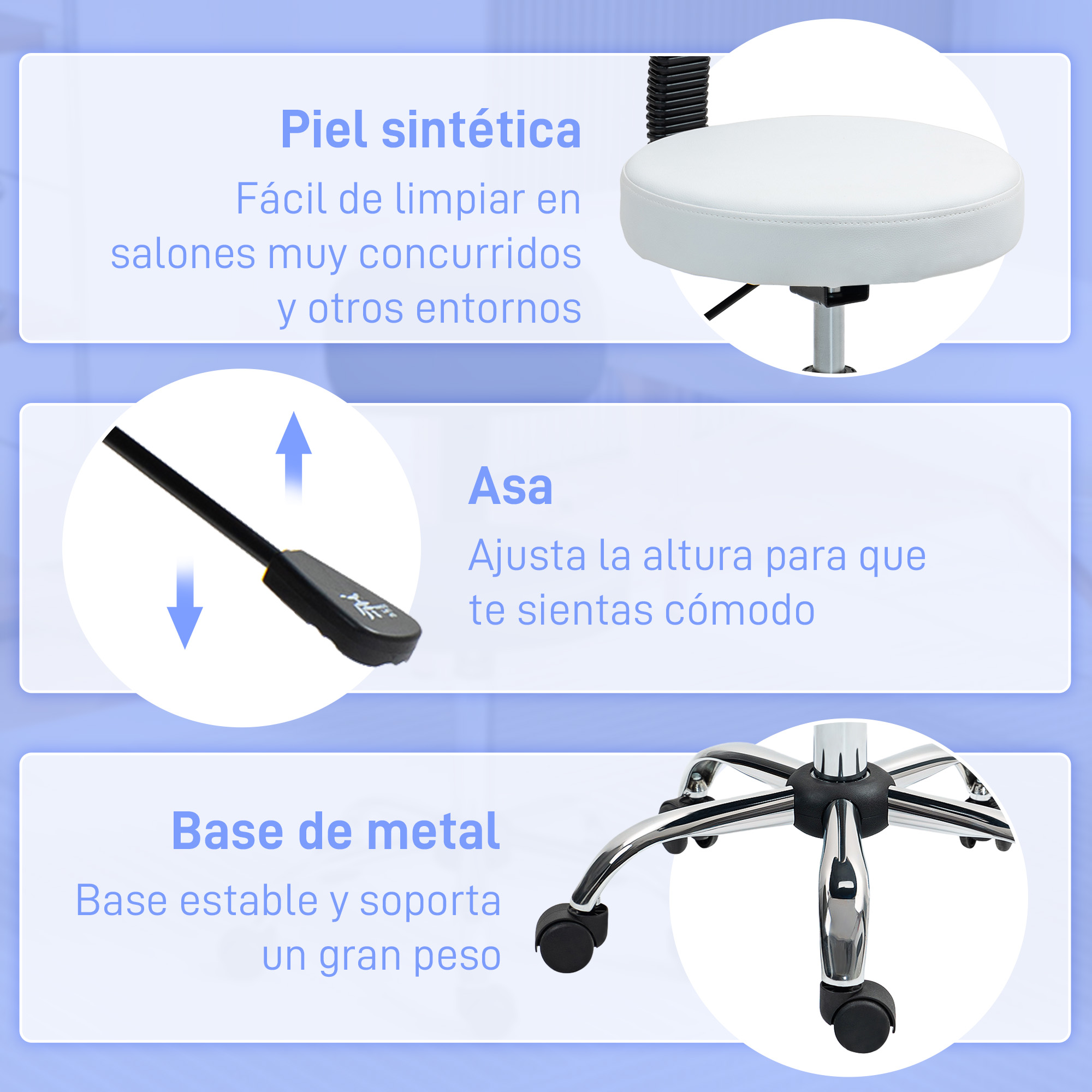 Un taburete blanco con base de metal y palanca de ajuste.