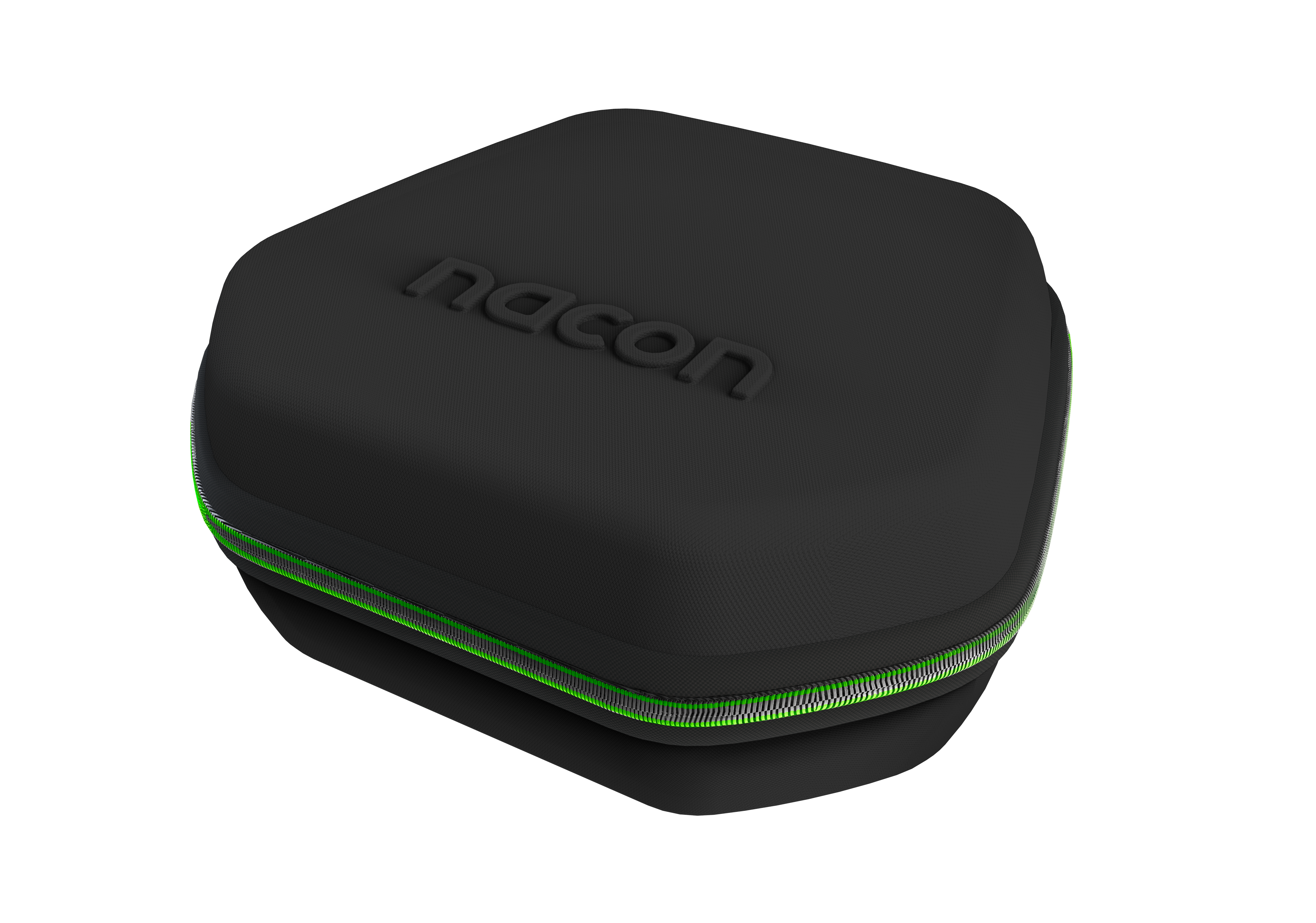 Czarna torba do przechowywania z zielonym zamkiem i logo Nacon.