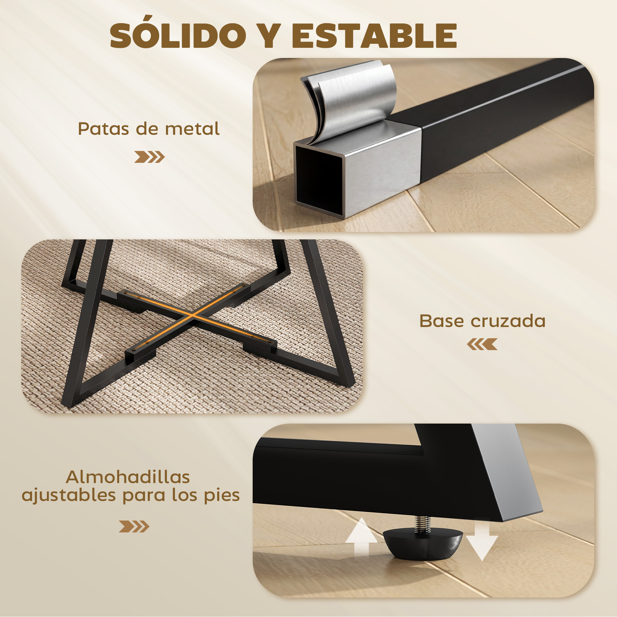 Primer plano de patas de mesa de metal negro con detalles plateados y pies ajustables en suelo de madera.