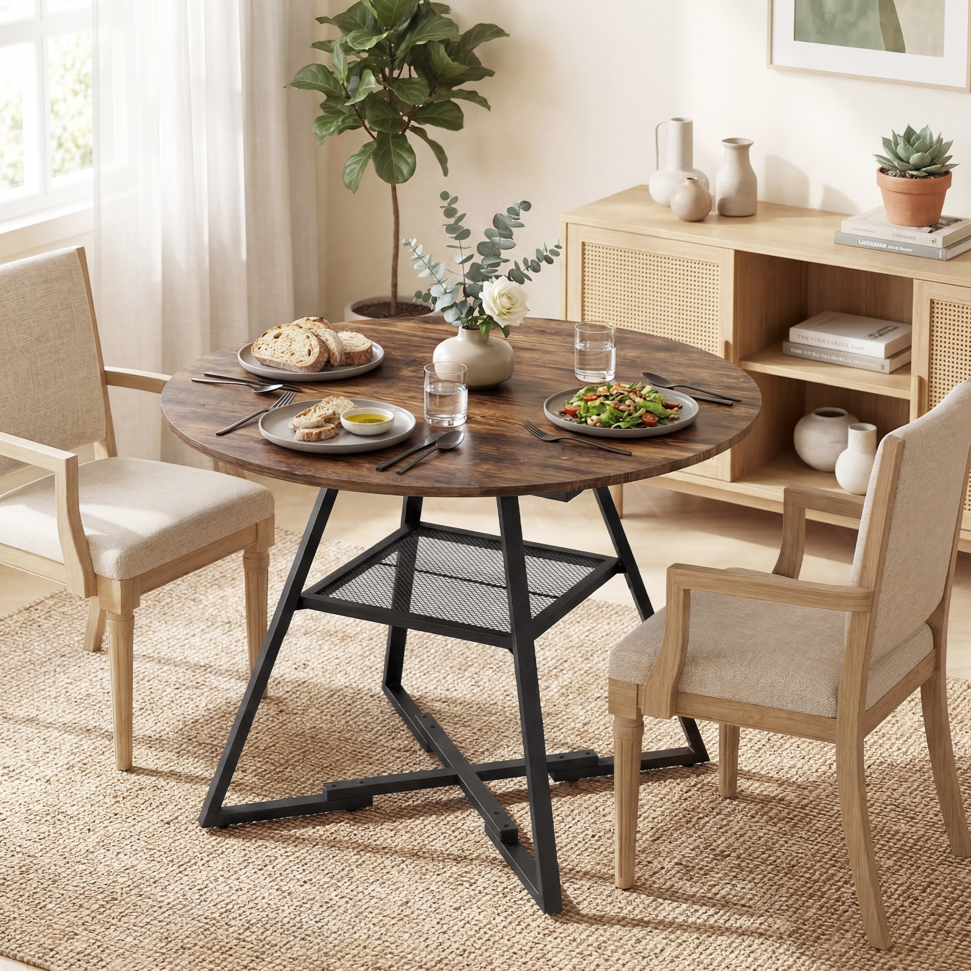 Una mesa redonda de madera con comida y dos sillas en una habitación luminosa.