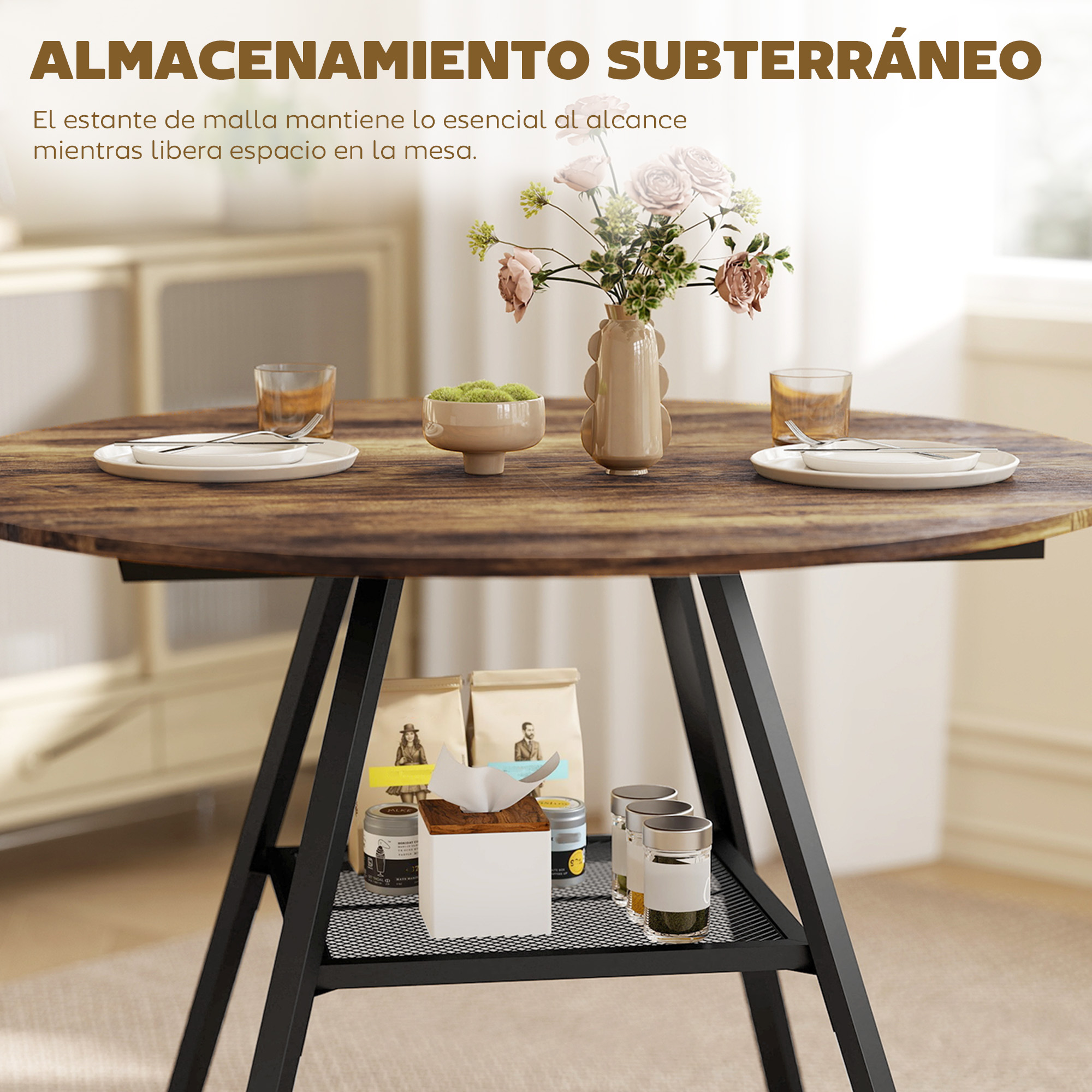 Mesa redonda de madera con flores, vajilla, vasos y almacenamiento debajo.