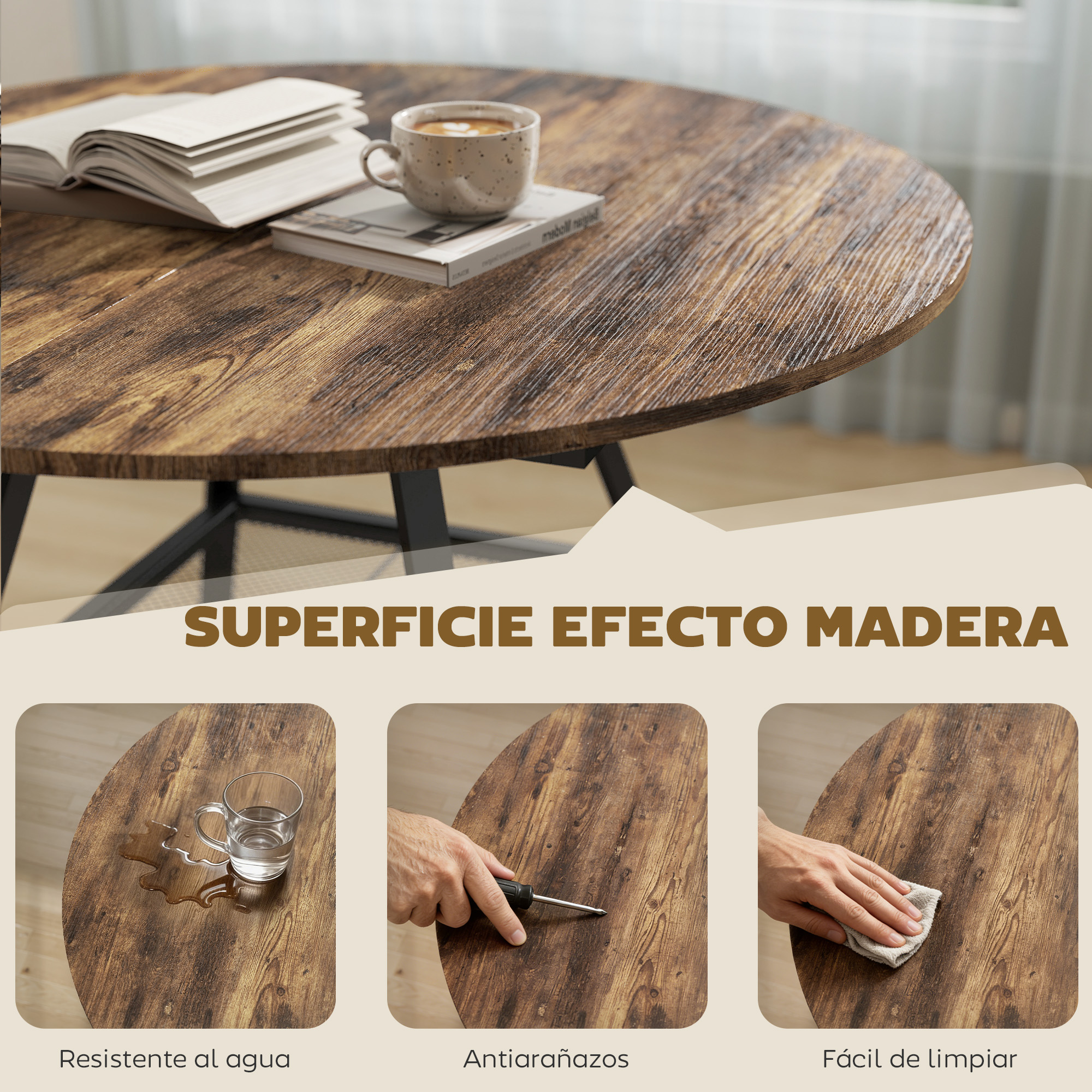 Tablero de madera veteada con libro, taza, agua, destornillador y paño.