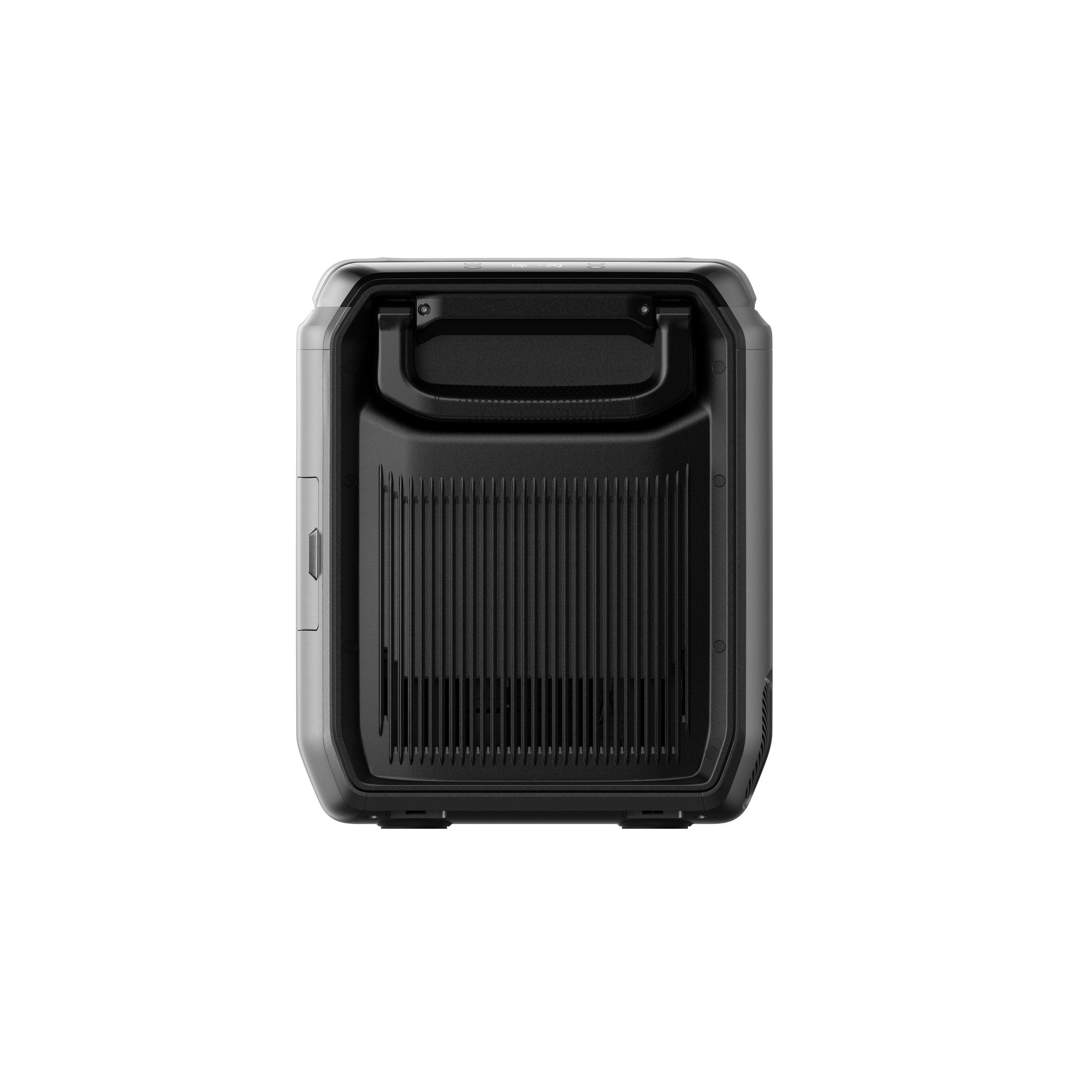 Una centrale elettrica portatile nera con manico e alette di ventilazione.