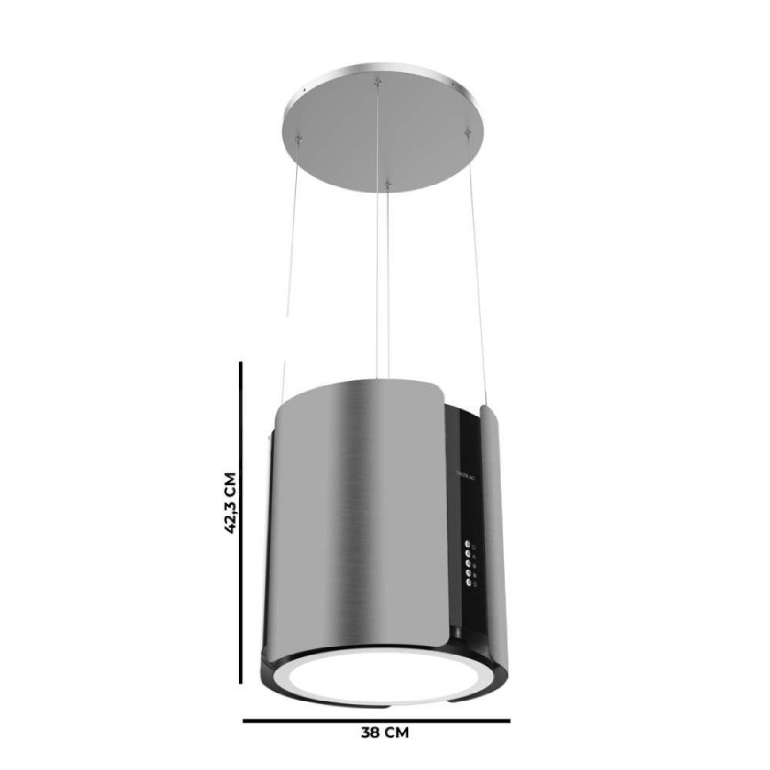 Una campana extractora cilíndrica de metal cepillado con iluminación y panel de control integrados.
