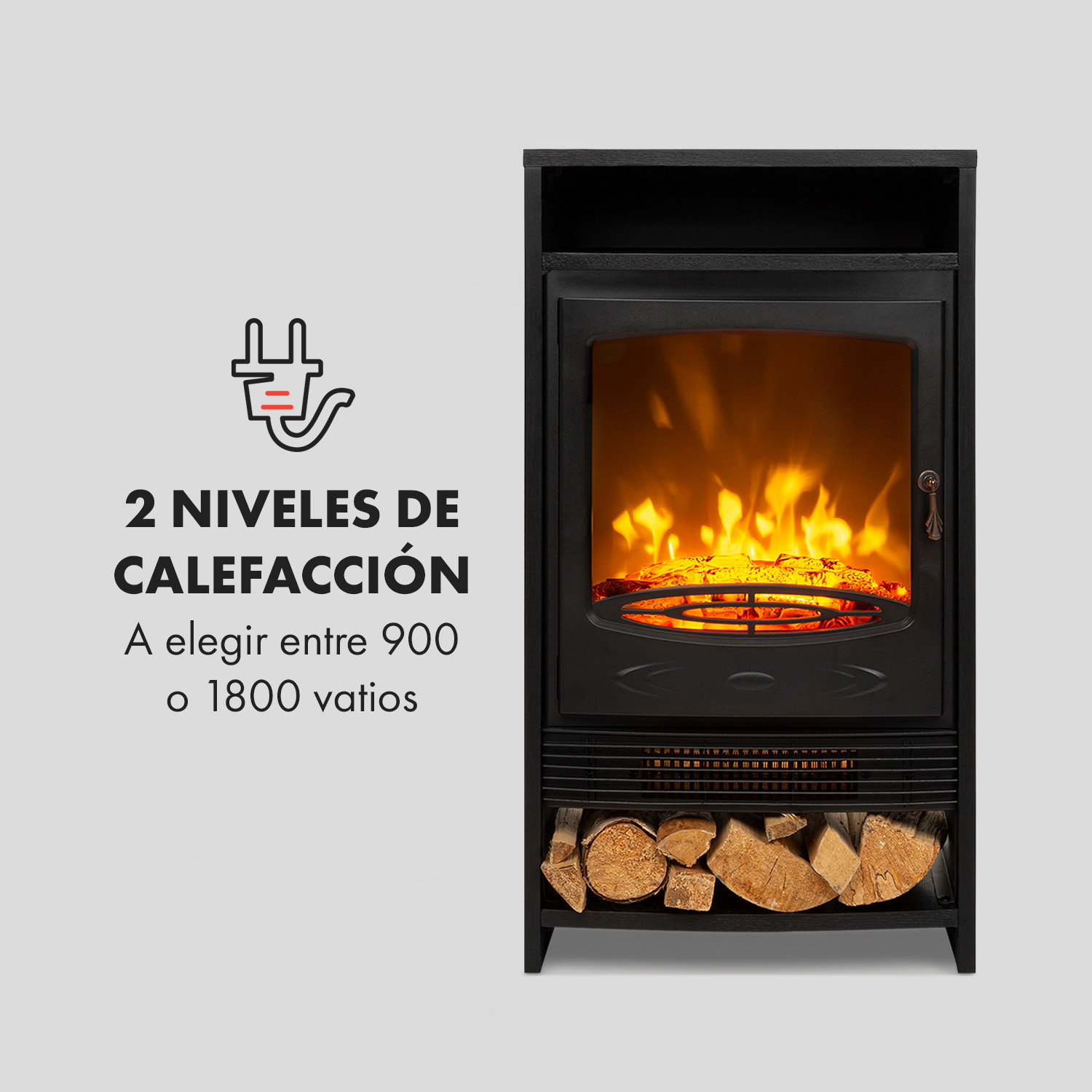 Camino elettrico con effetto fiamma, legna sotto. Due livelli di calore.
